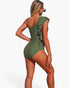 Beach Rose Co. olive green one-piece swimsuit featuring an asymmetrical shoulder with elegant ruffle detailing.