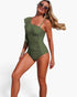 Beach Rose Co. olive green one-piece swimsuit with an asymmetrical shoulder ruffle and flattering ruched side detail.
