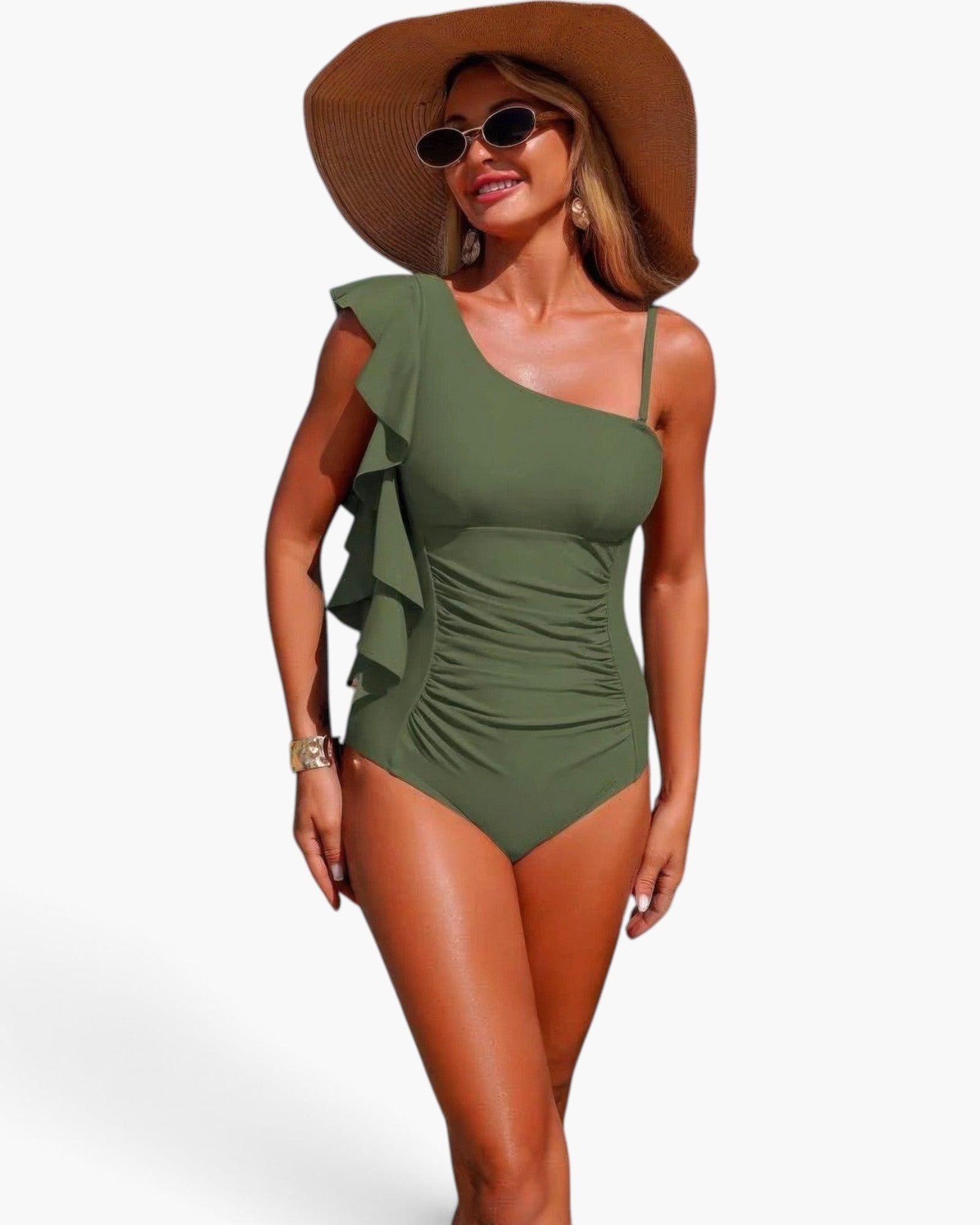 Beach Rose Co. olive green one-piece swimsuit with an asymmetrical shoulder ruffle and flattering side ruching.