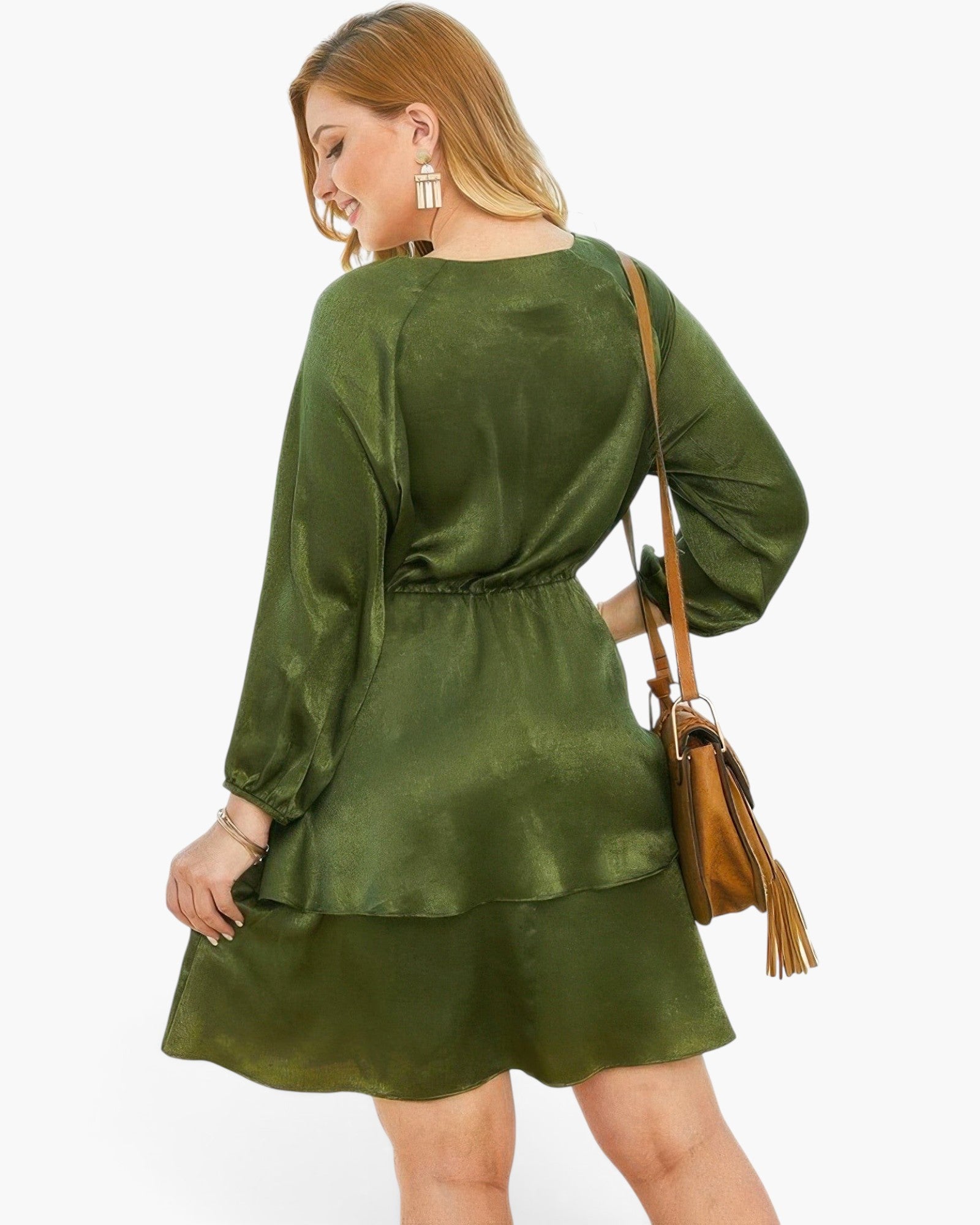 Beach Rose Co. plus size olive green satin V-neck dress with long sleeves and a ruffled hem on a smiling model