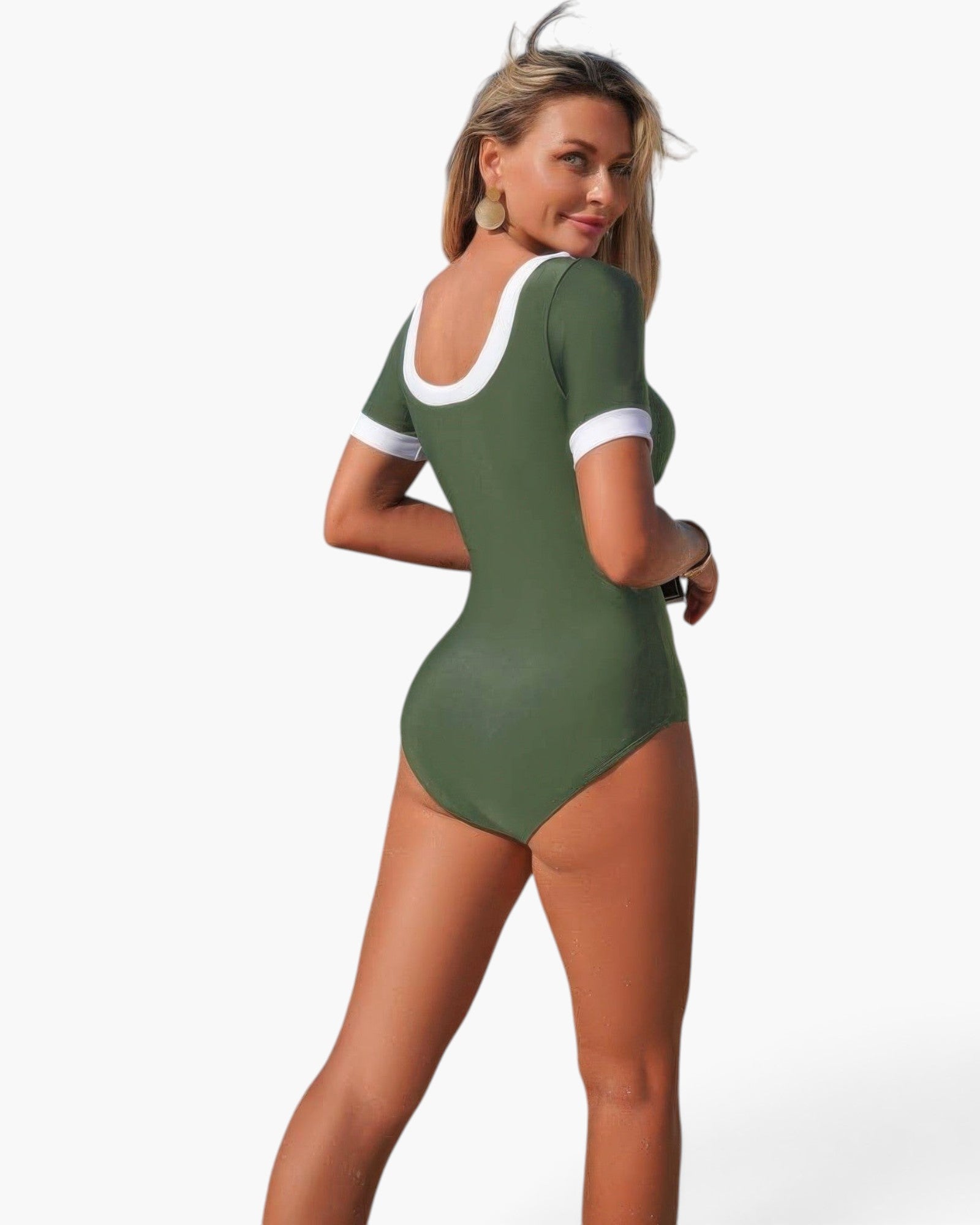 Beach Rose Co. olive green short-sleeve one-piece swimsuit with white contrast trim and a scoop back on a model.