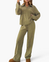 Beach Rose Co. olive green striped two-piece set with a collared V-neck pullover and matching wide-leg pants.