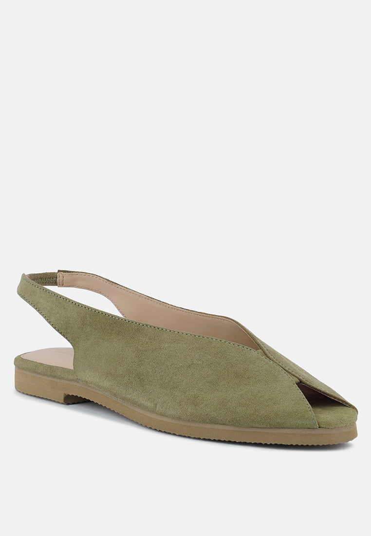 Beach Rose Co. olive green genuine suede slingback flats featuring a peep-toe design and cushioned footbed.