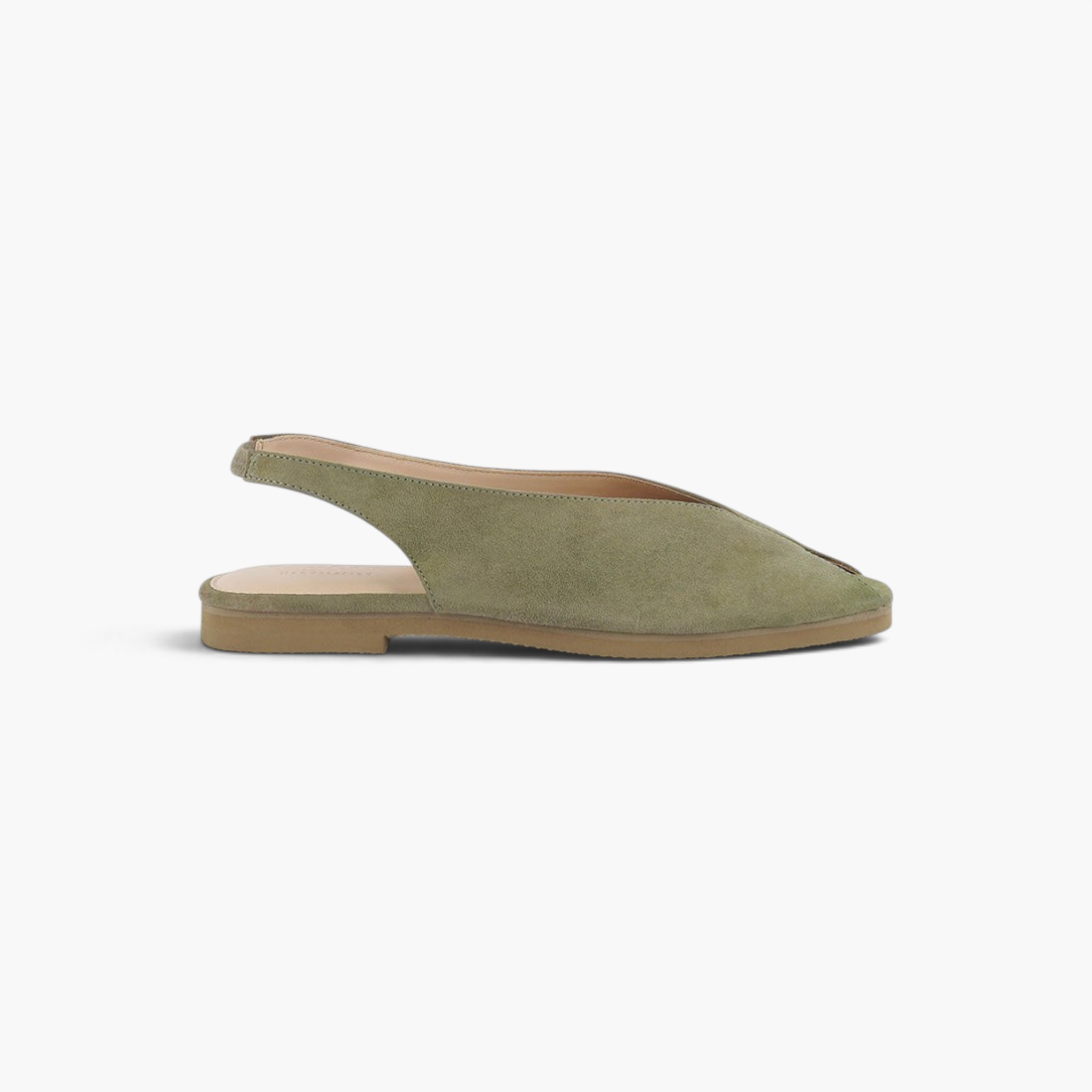 Beach Rose Co. olive green suede peep-toe slingback flats with a low profile and cushioned insole.
