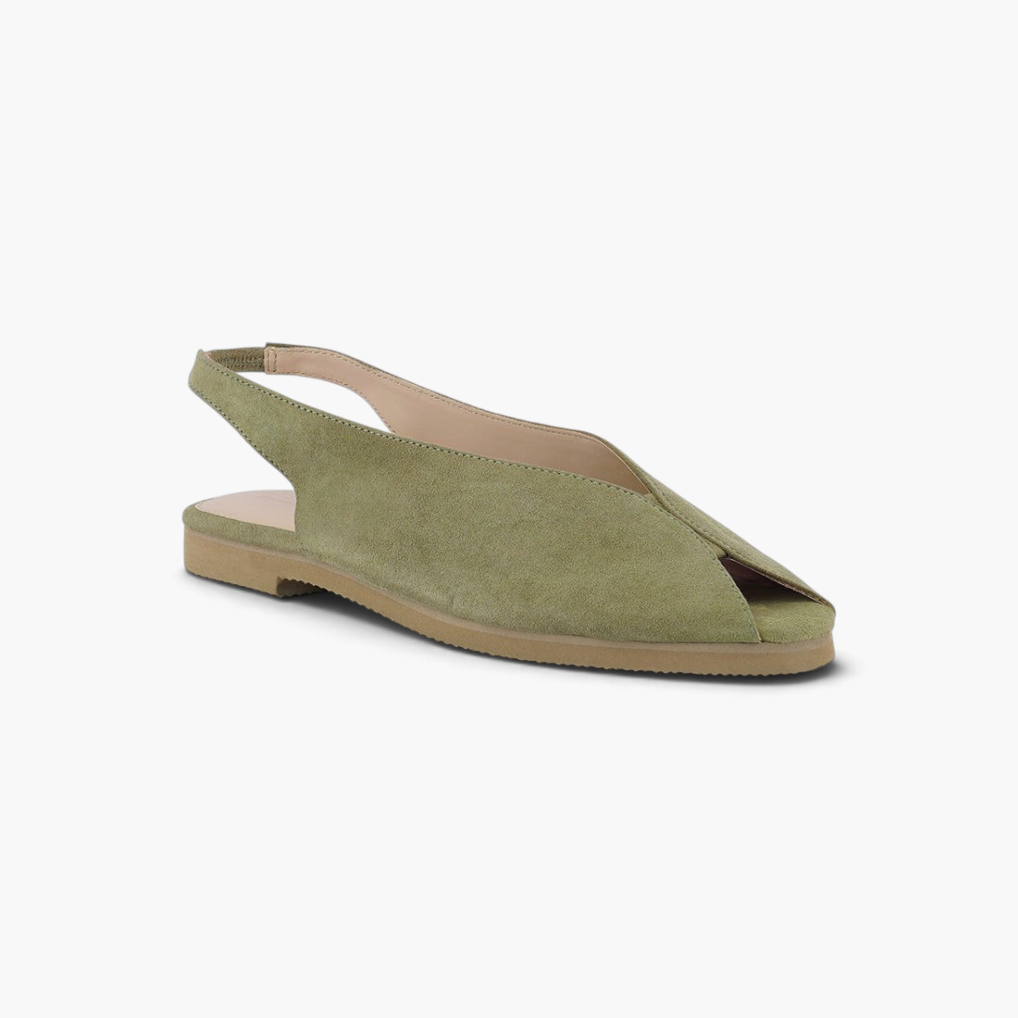 Beach Rose Co. olive green suede peep-toe slingback flats with a cushioned insole and flat EVA outsole.