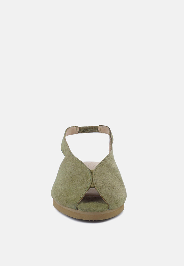 Beach Rose Co. olive green genuine suede peep-toe slingback flats with curved front panels and a flat sole
