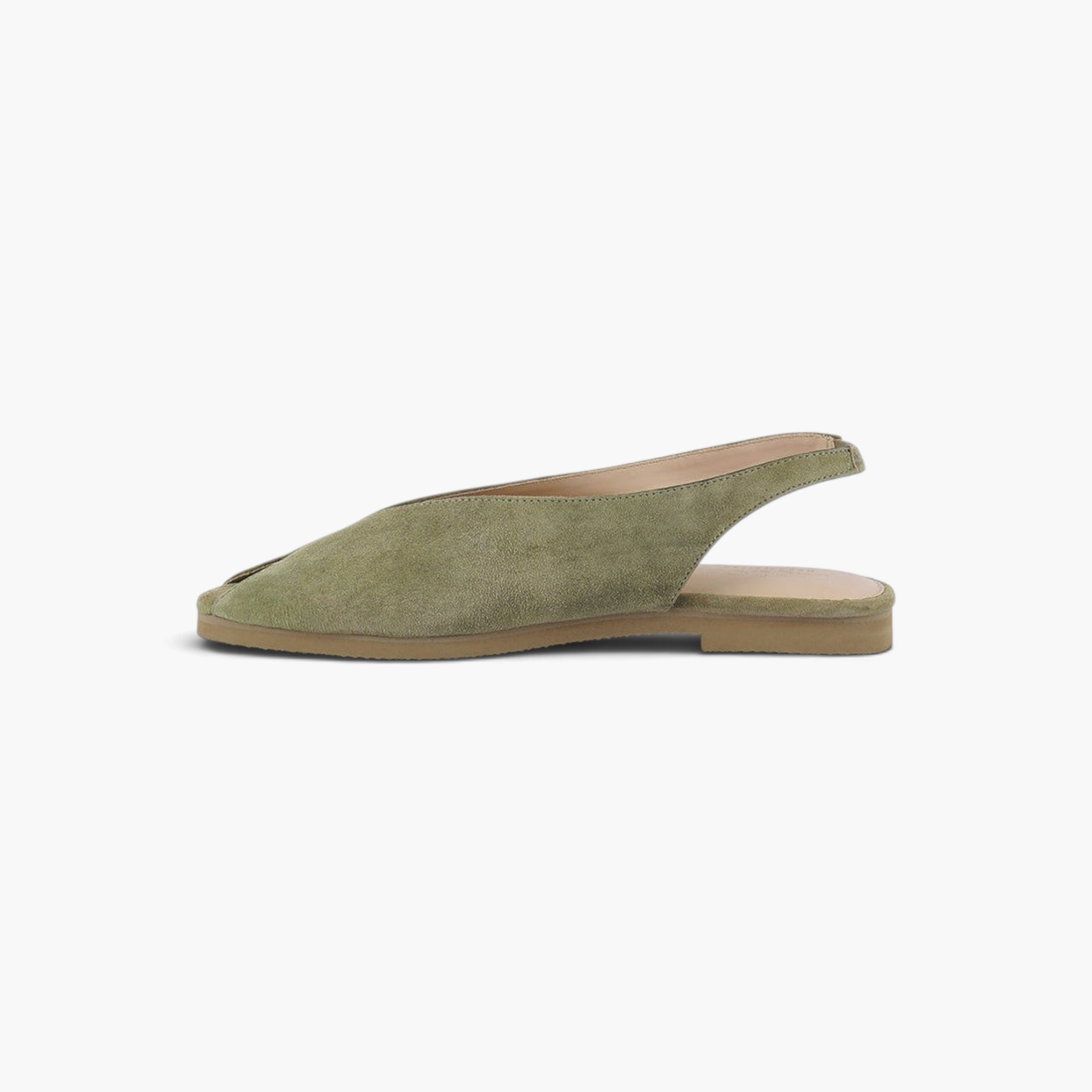 Beach Rose Co. olive green suede peep-toe slingback flats with a low profile and cushioned insole, side view.