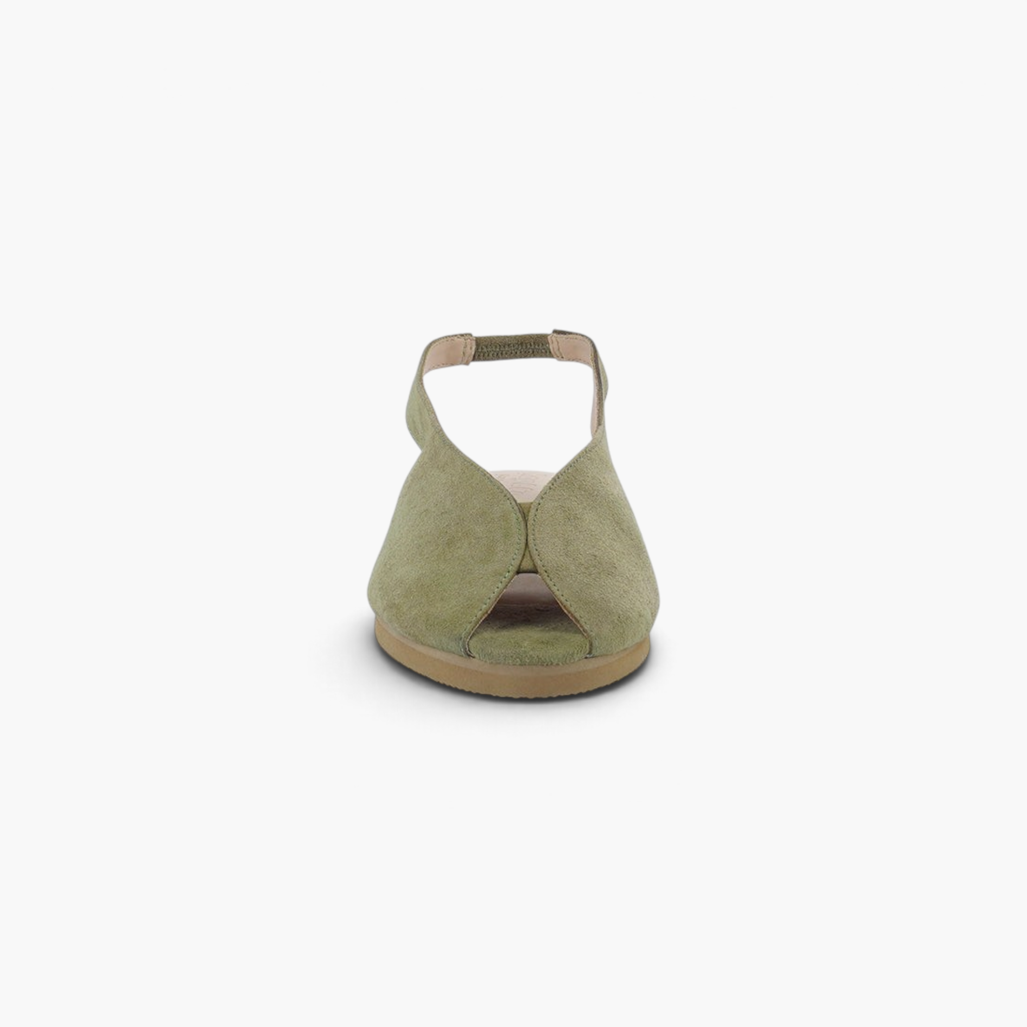 Beach Rose Co. olive green suede peep-toe slingback flats with a cushioned insole and flat EVA outsole.