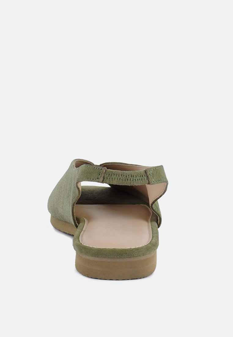 Beach Rose Co. olive green suede slingback flats with a peep-toe design and comfortable cushioned footbed.