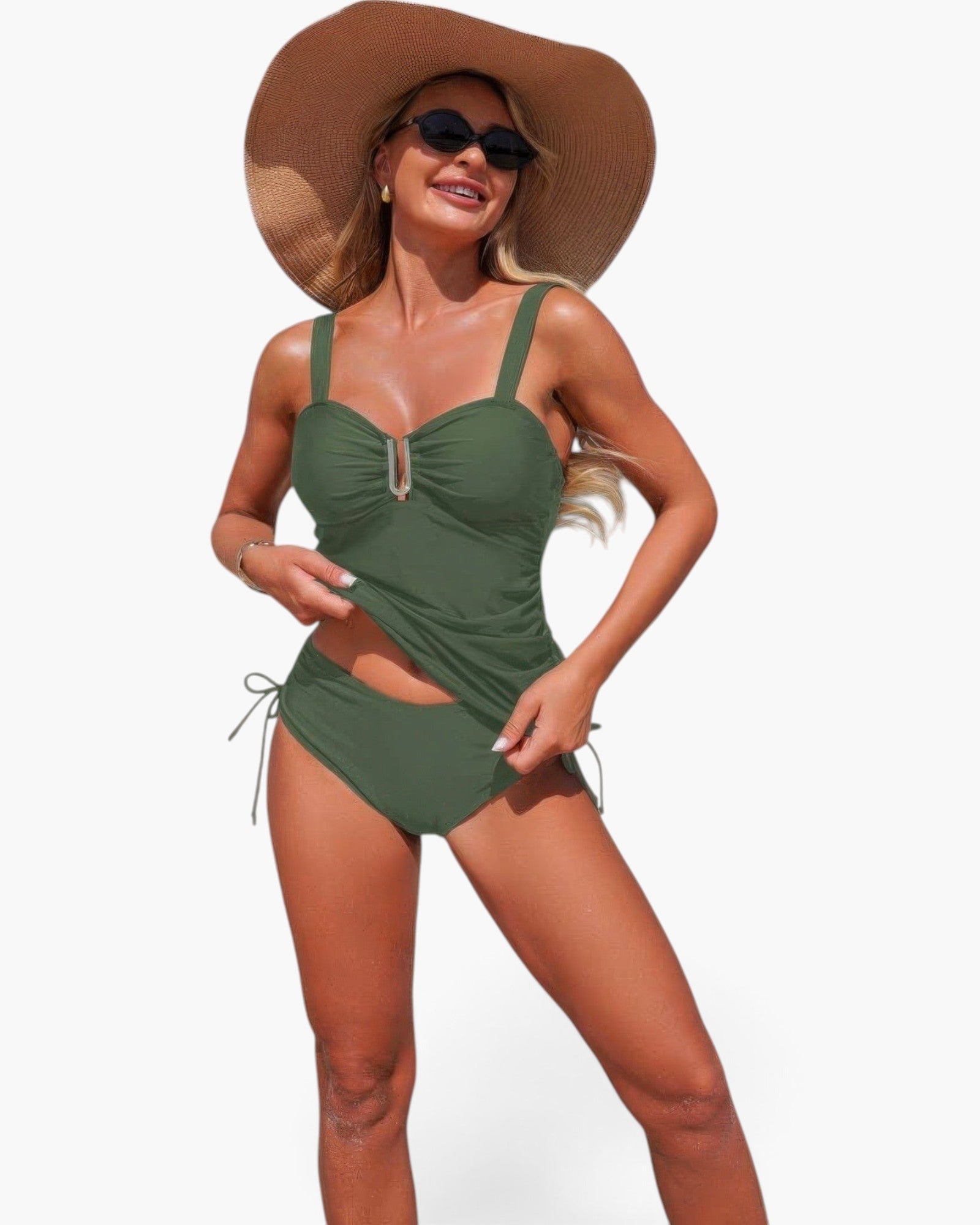 Beach Rose Co. olive green two-piece tankini set with padded top, adjustable drawstring, and matching bikini bottoms.