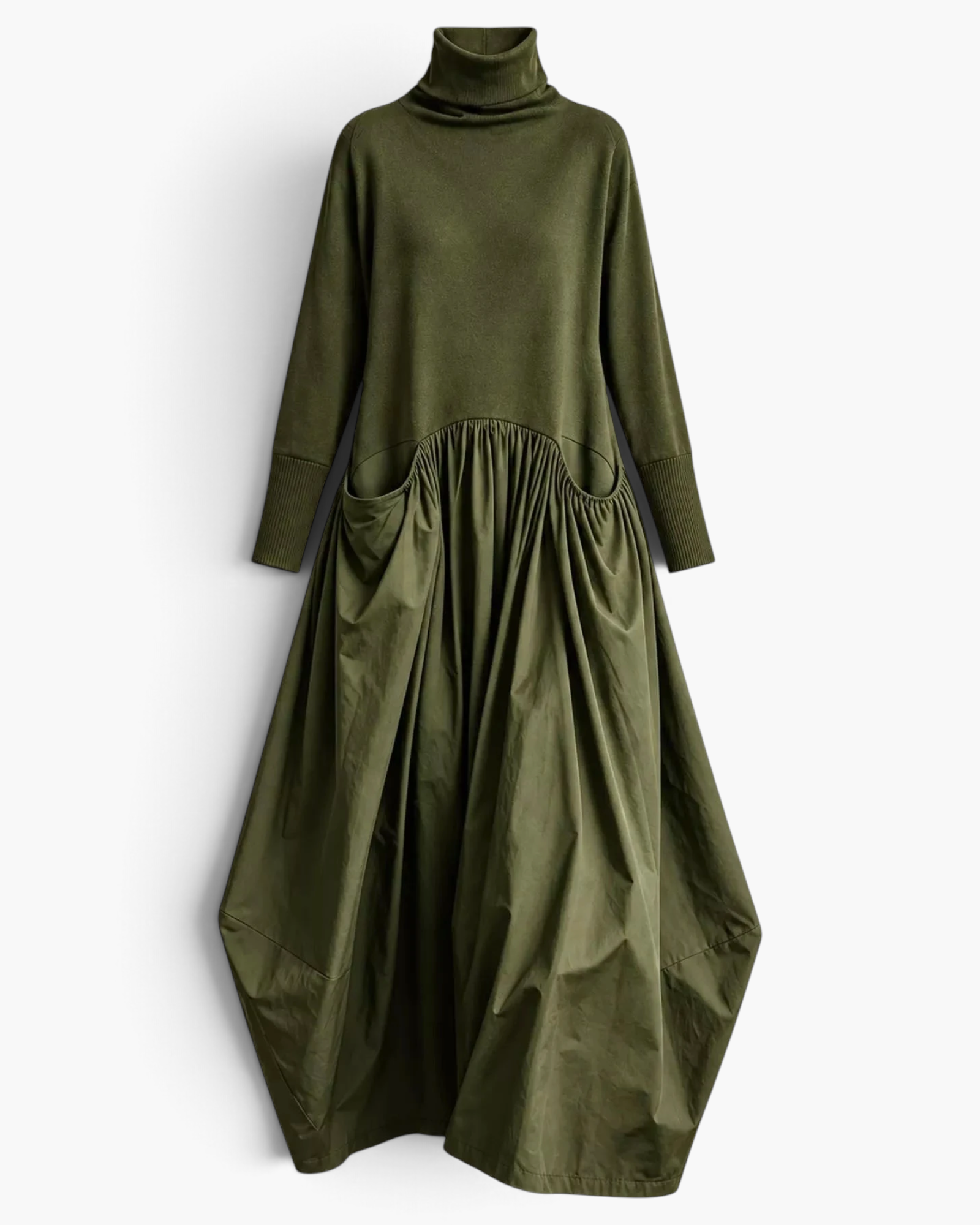 Beach Rose Co. olive green turtleneck maxi dress with a sweater bodice, gathered skirt, and sculptural balloon hem.