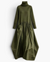Beach Rose Co. olive green turtleneck maxi dress with a sweater bodice, gathered skirt, and sculptural balloon hem.