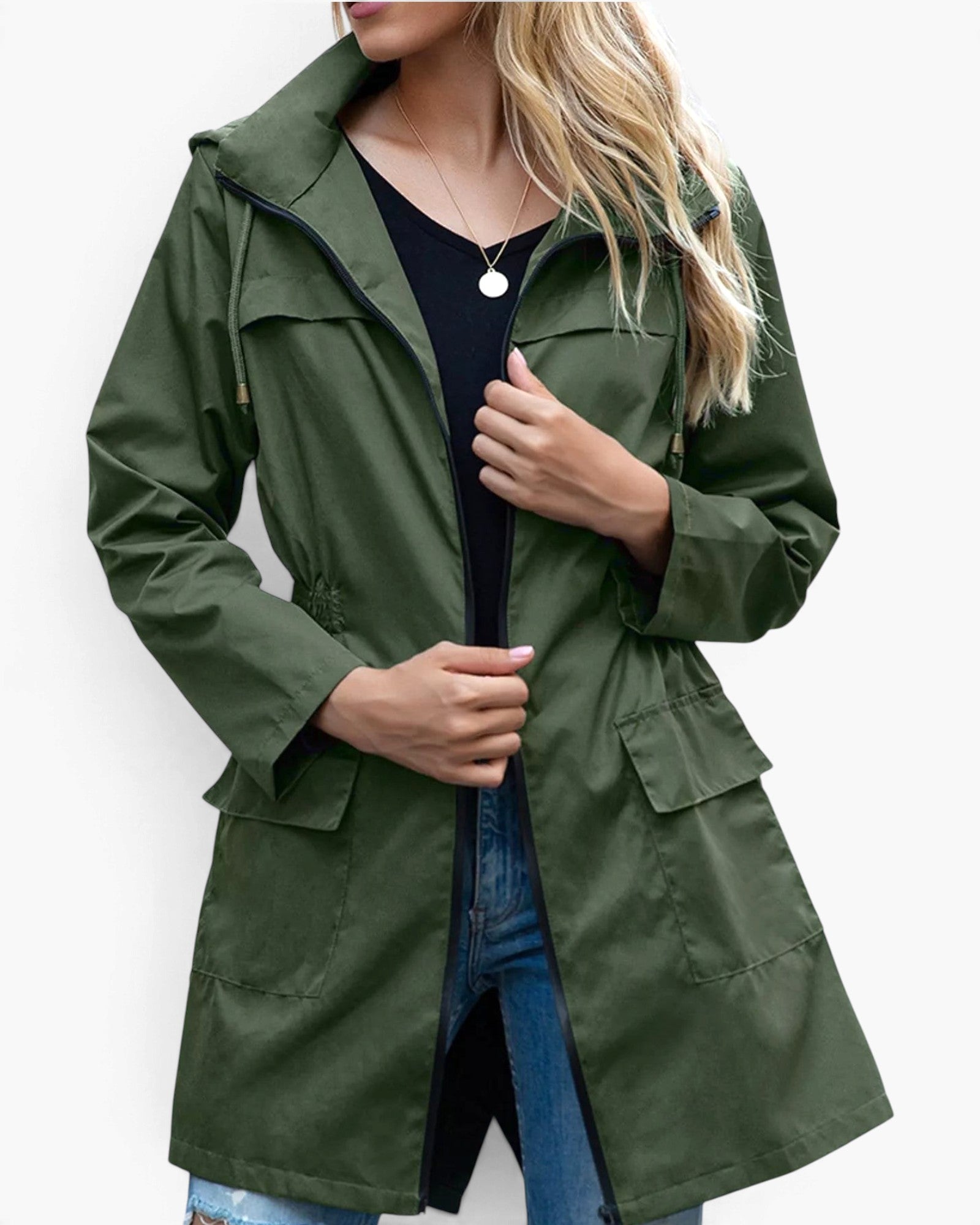 Beach Rose Co. olive green waterproof hooded rain jacket with zip front, flap pockets, and gathered waist on a model