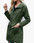 Beach Rose Co. olive green waterproof hooded rain jacket with a zip front, gathered waist, and front flap pockets.