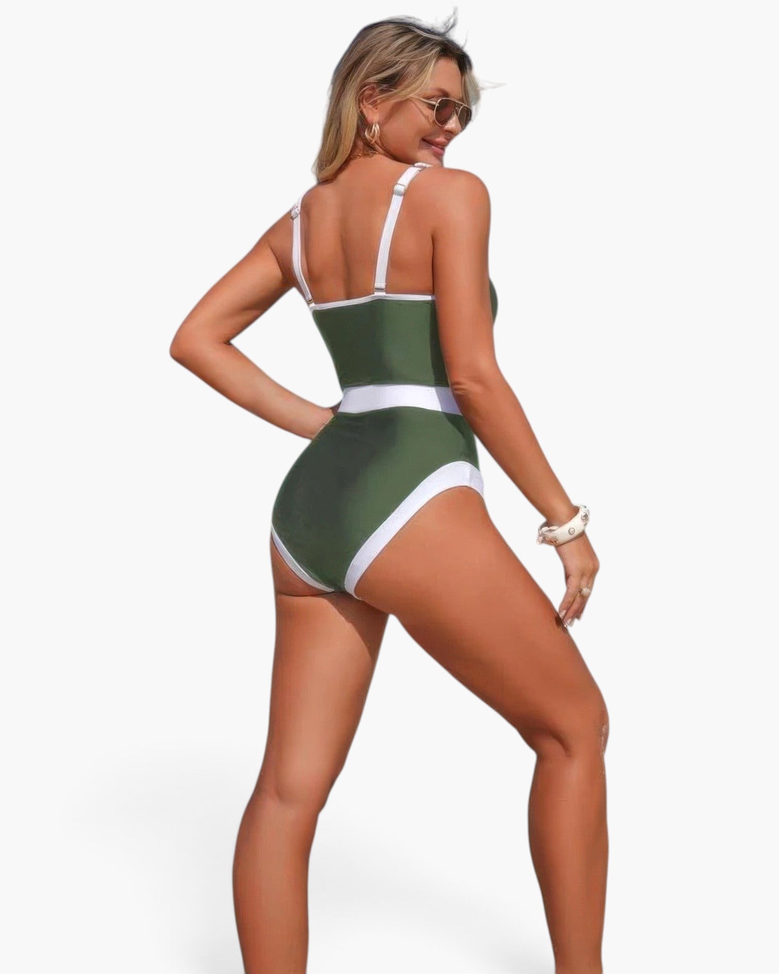 Beach Rose Co. one-piece swimsuit in olive green and white with a metal buckle belt and supportive stretch fabric.