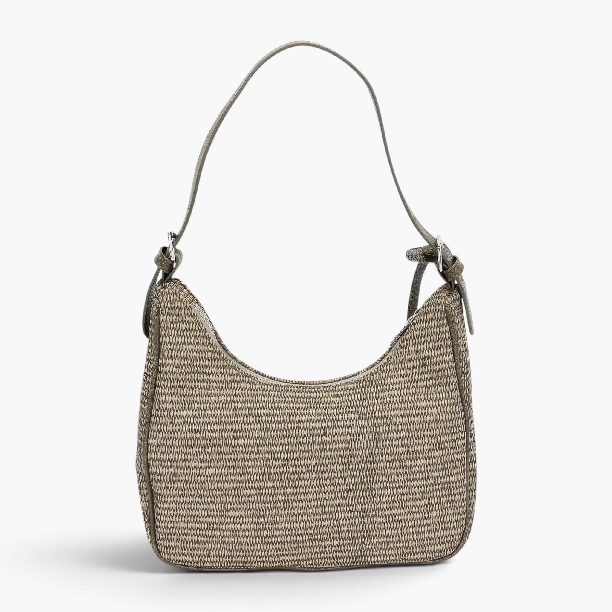 Beach Rose Co. olive woven faux leather shoulder bag with a structured crescent shape and adjustable handle detail.
