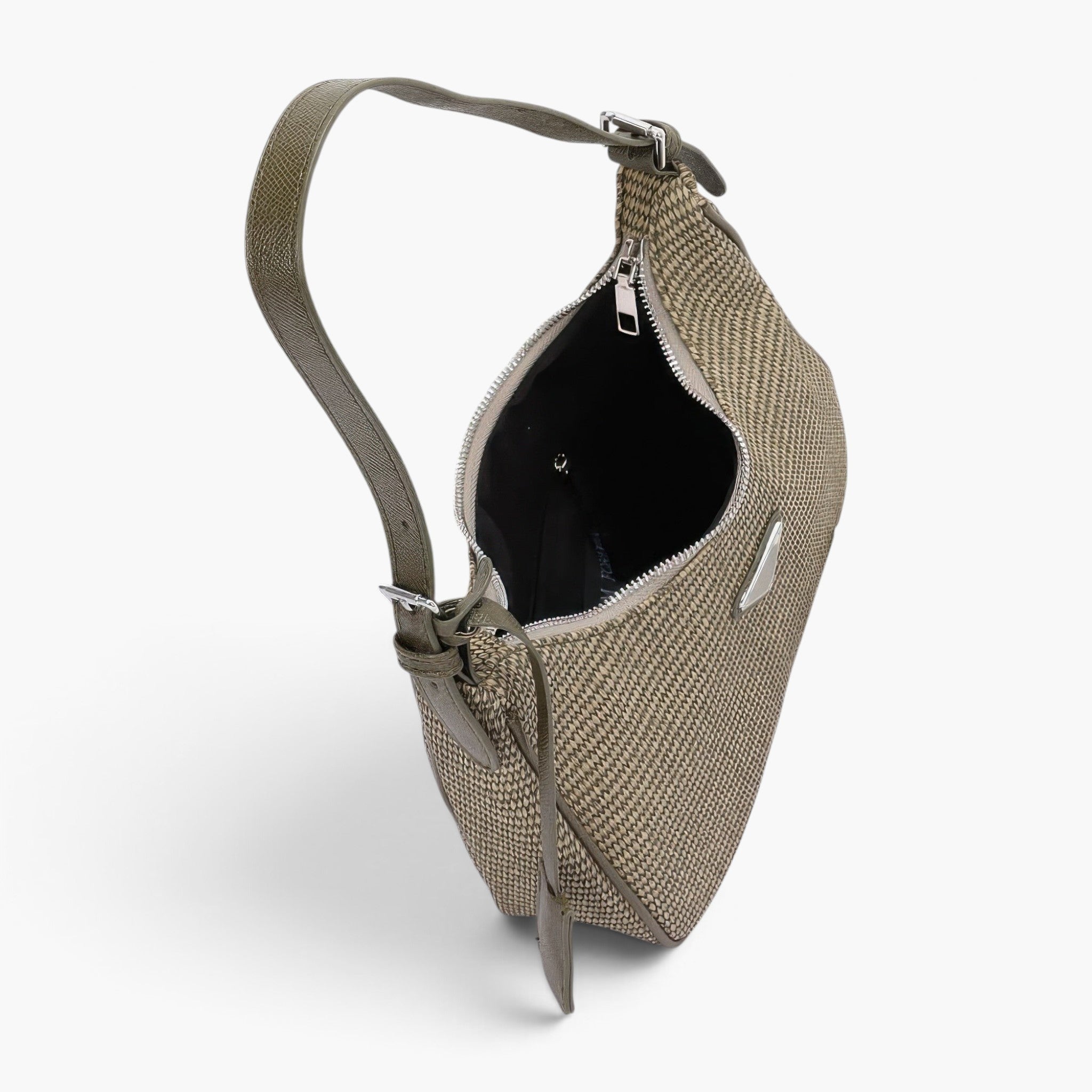 Beach Rose Co. olive woven faux leather shoulder bag with a unique triangle handle detail and zip closure.