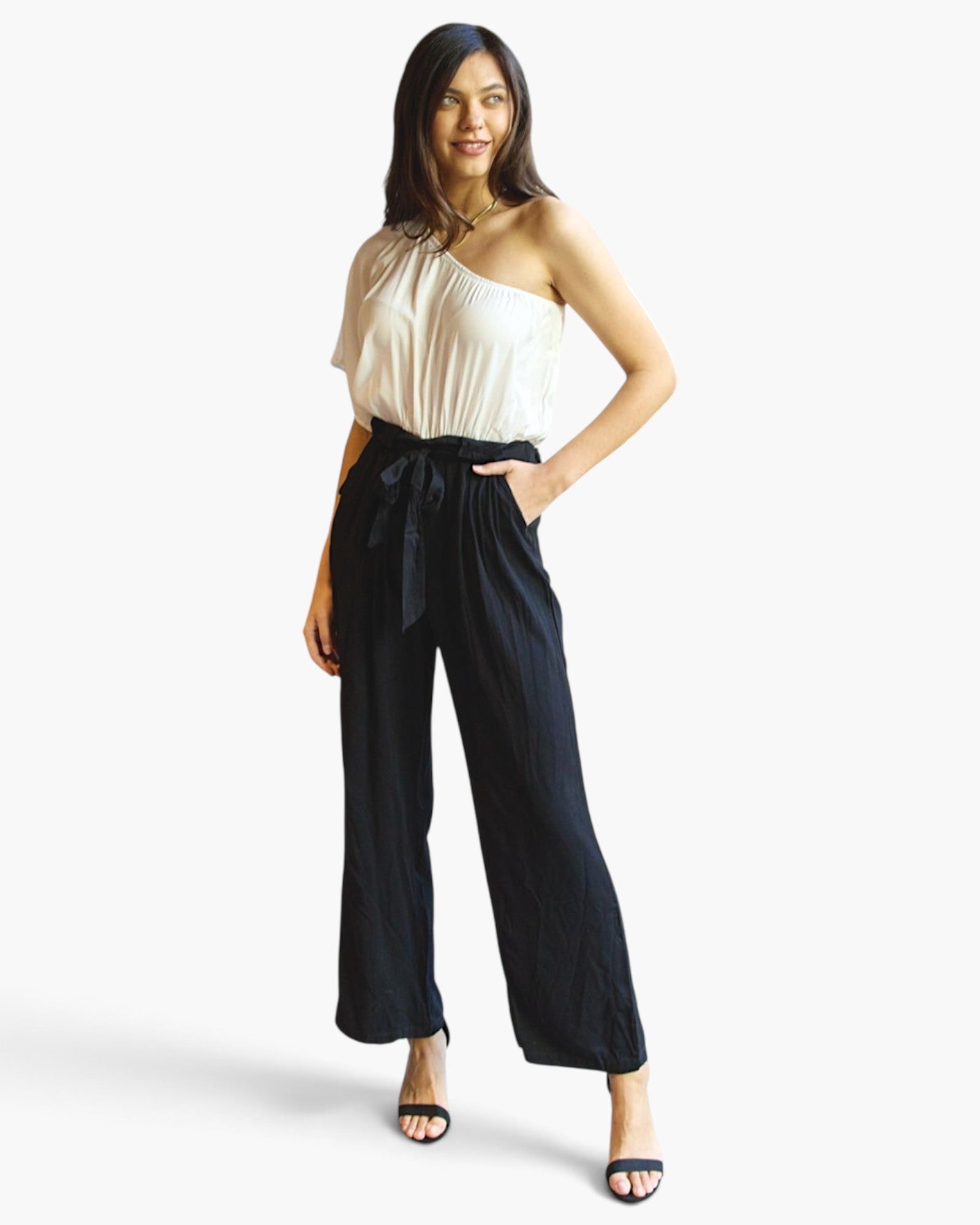 Beach Rose Co. white and black one-shoulder jumpsuit with wide-leg pants, paperbag waist, and self-tie belt.