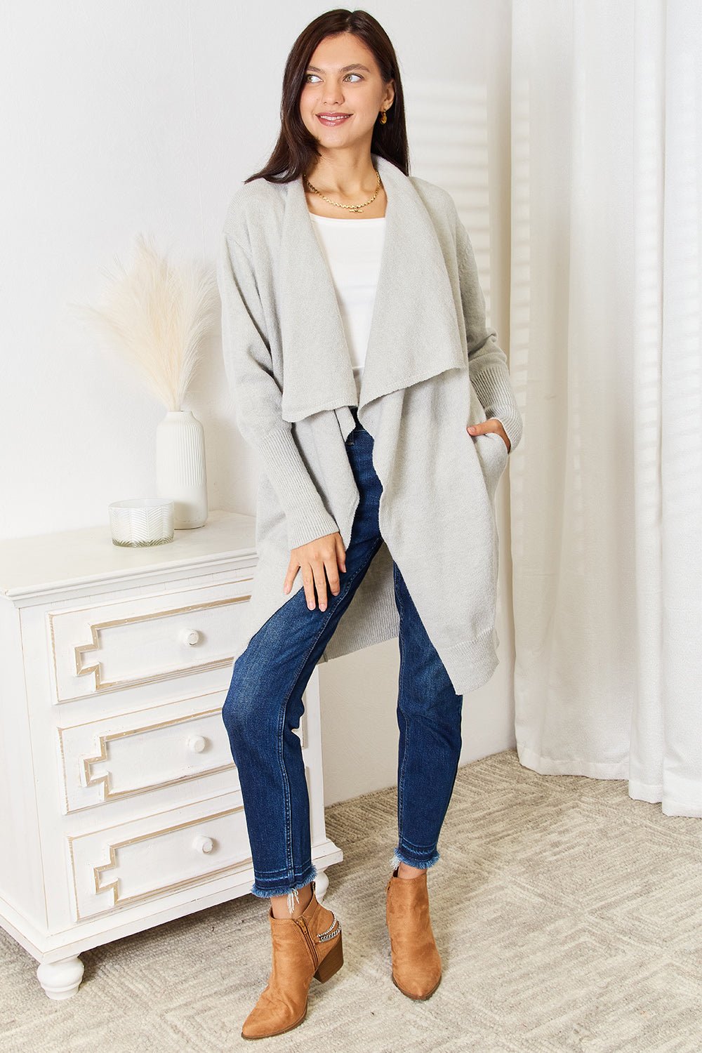 Beach Rose Co. - Open Front Duster Cardigan with Pockets in Light Gray