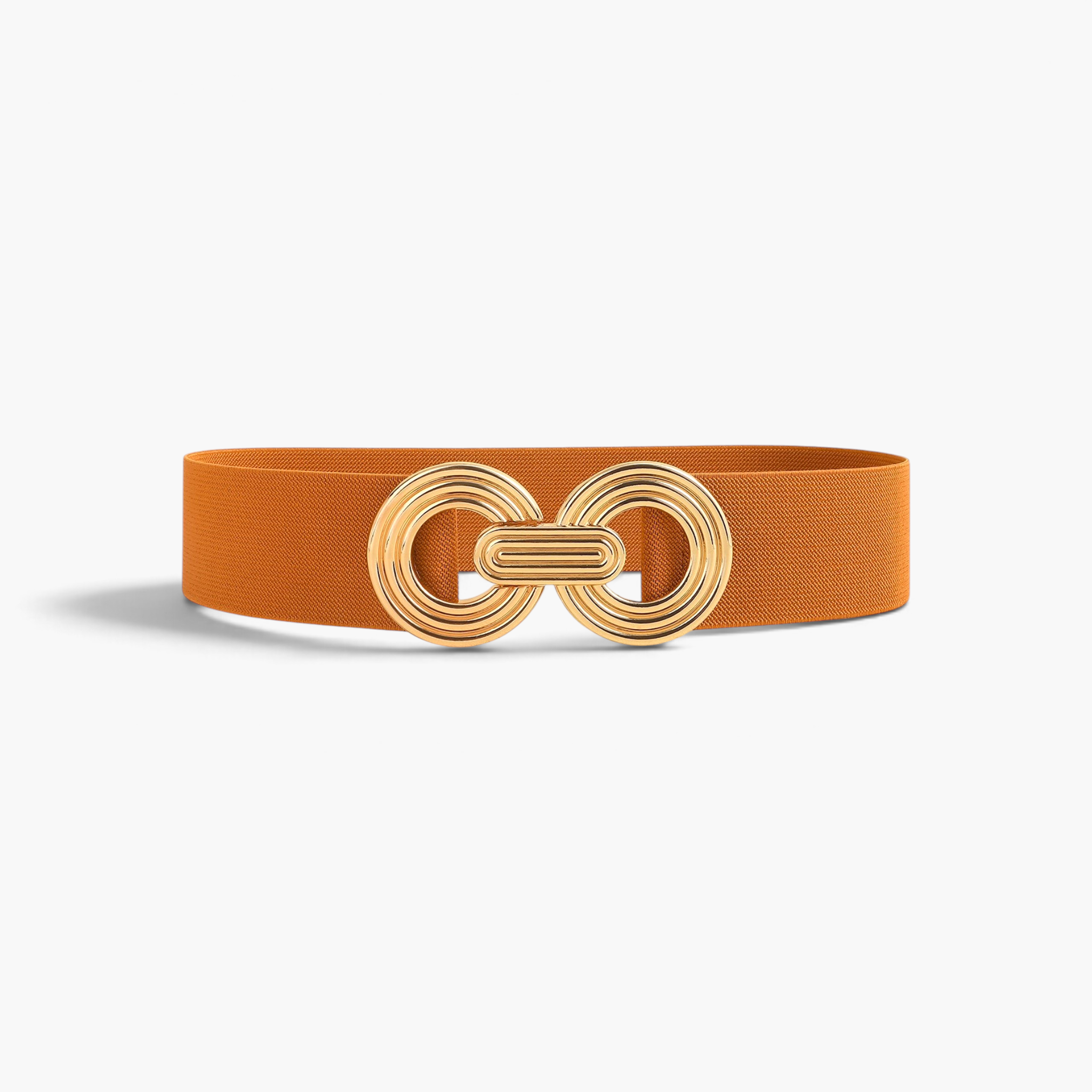 Beach Rose Co. wide orange elastic waist belt featuring a gold-tone double-circle alloy buckle with ridged detail.