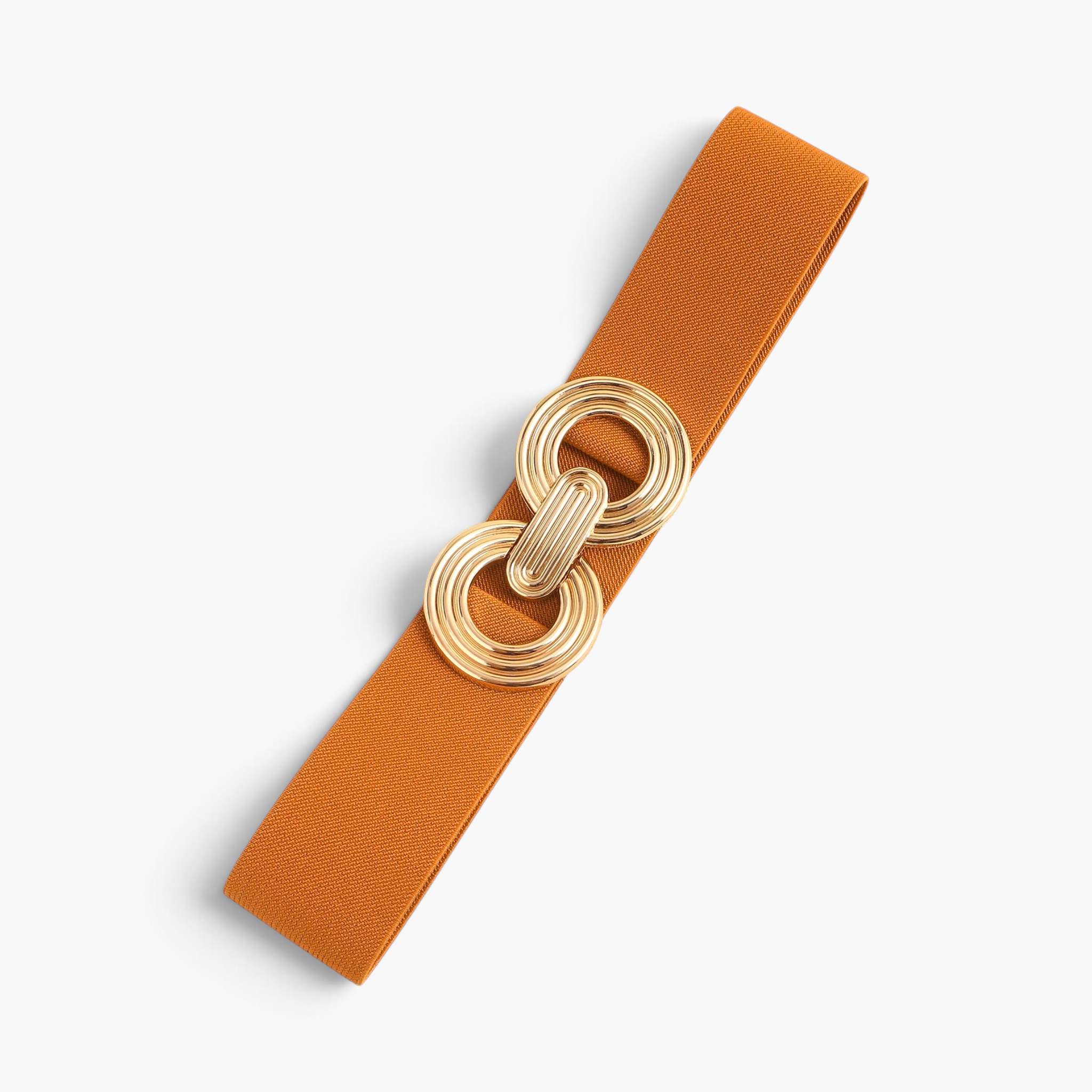 Beach Rose Co. wide orange elastic waist belt with a gold-toned double-circle alloy buckle and ridged detailing.