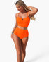 Beach Rose Co. bright orange two-piece bikini with a high-waisted bottom and supportive strap top on a model