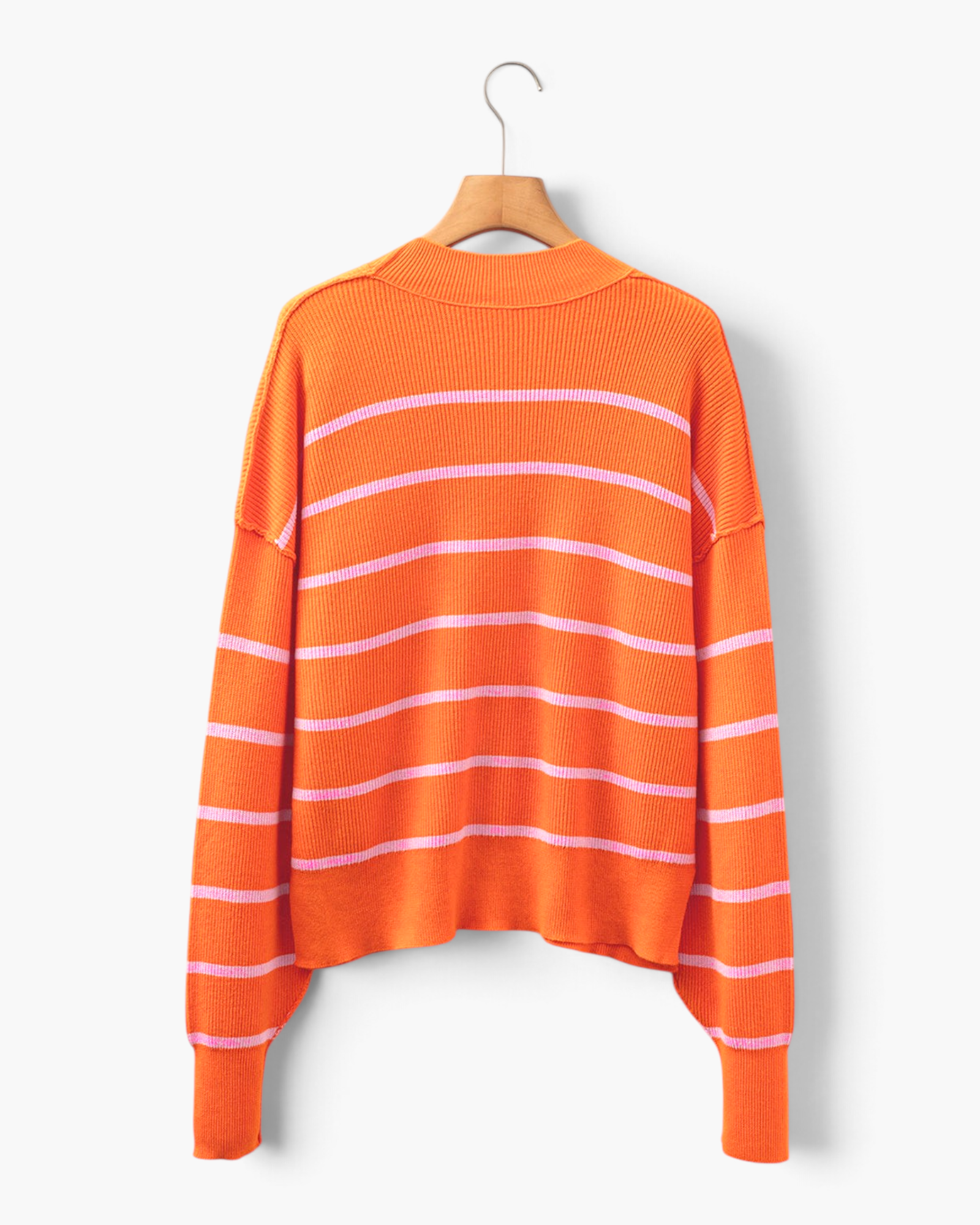 Beach Rose Co. orange and pink striped mock-neck sweater with long sleeves and ribbed hem, back view