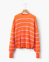 Beach Rose Co. orange and pink striped mock-neck sweater with long sleeves and a relaxed fit on a wooden hanger.