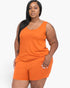 Beach Rose Co. plus size orange tank top and shorts lounge set on a model with a relaxed fit and crew neckline.
