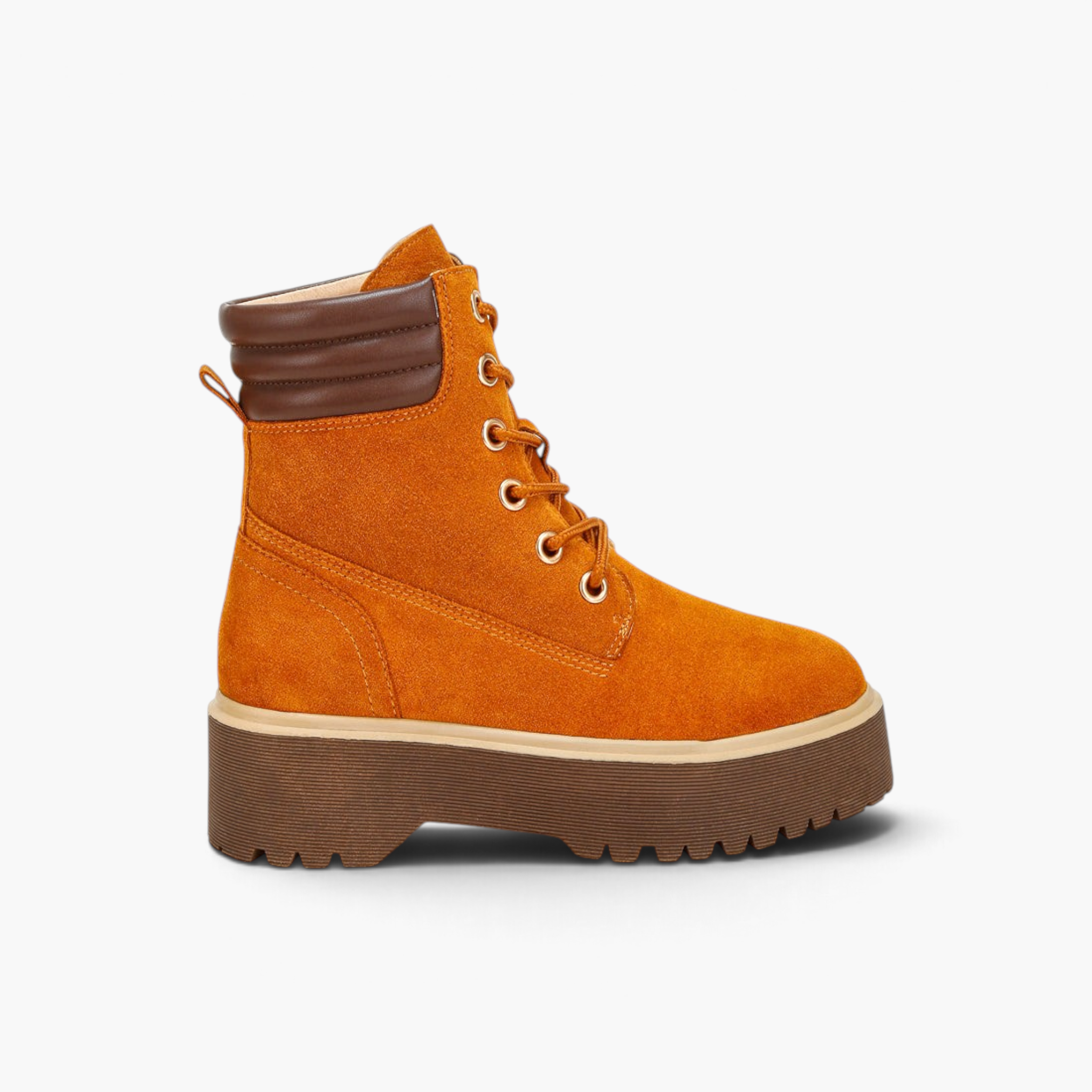 Beach Rose Co. orange suede lace-up ankle boots with a brown quilted collar and chunky platform lug sole.