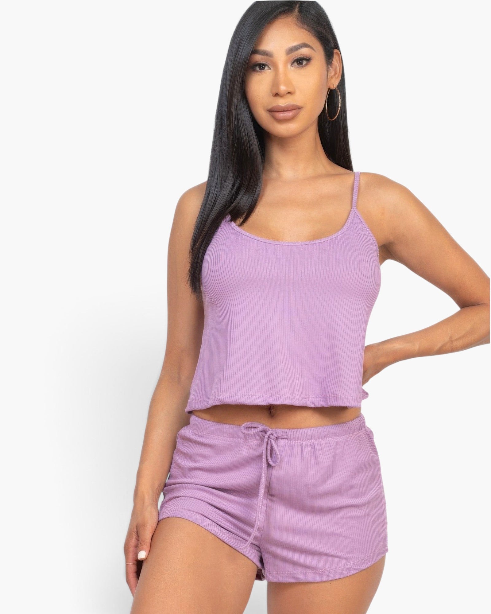 Beach Rose Co. orchid purple ribbed strappy tank top and matching drawstring shorts set worn by a model