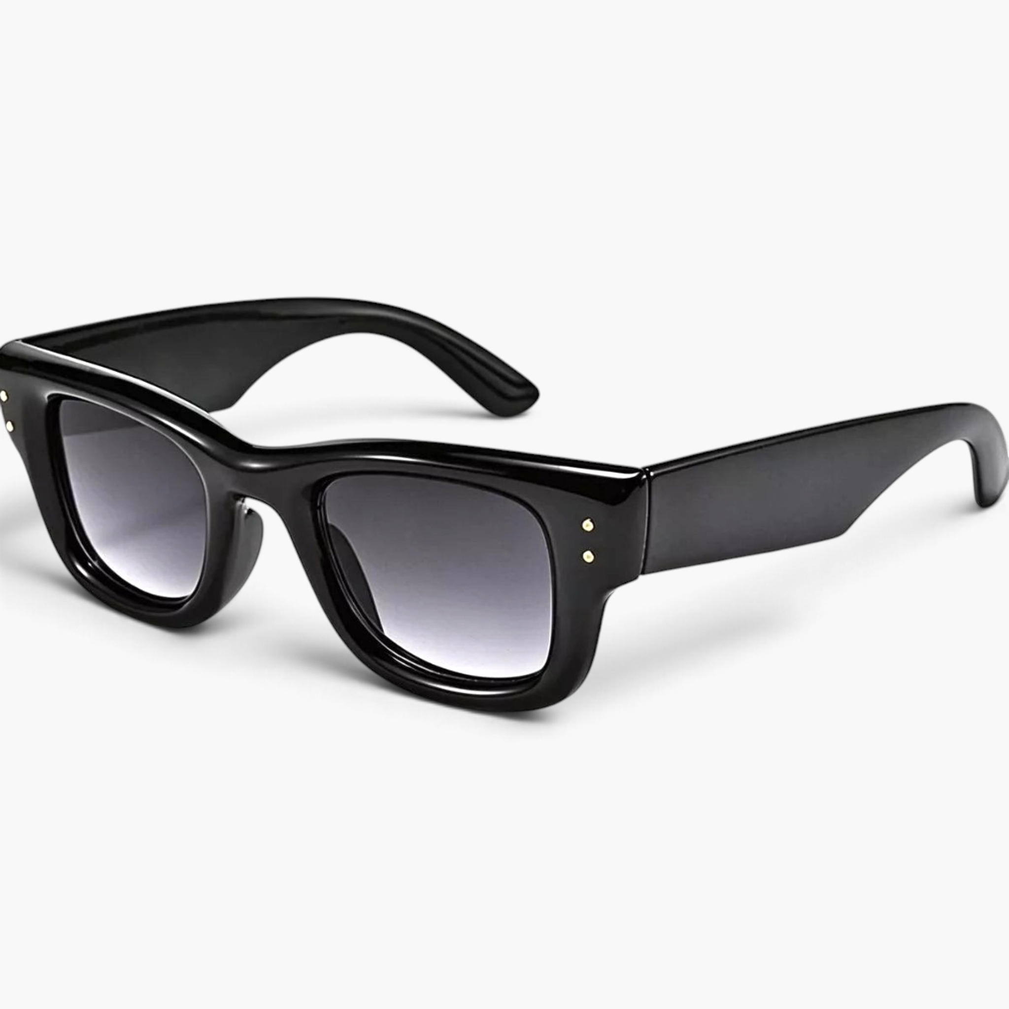 Beach Rose Co. oversized black angular sunglasses with gradient lenses and gold stud accents on a white background.