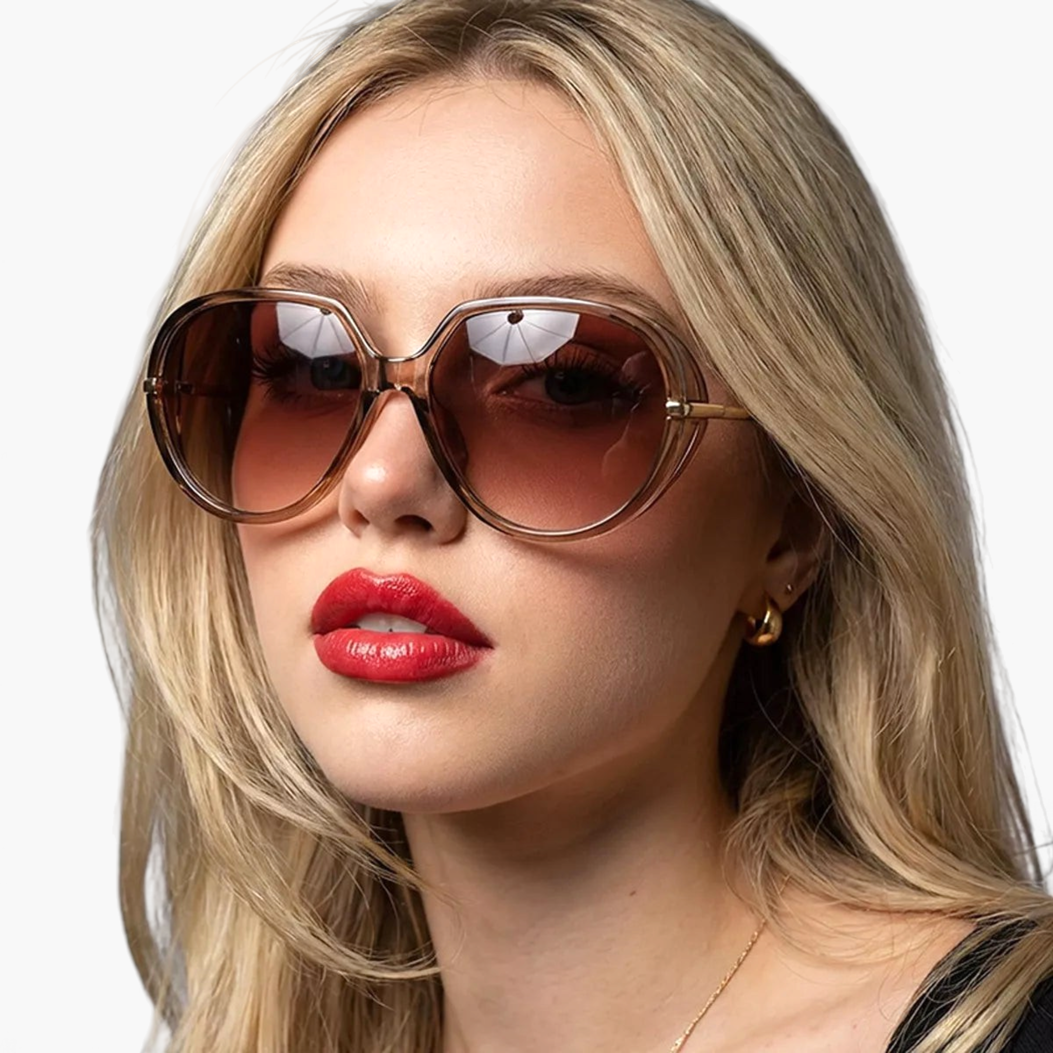 Beach Rose Co. oversized butterfly sunglasses with brown gradient lenses and slim gold metal temples on a blonde model