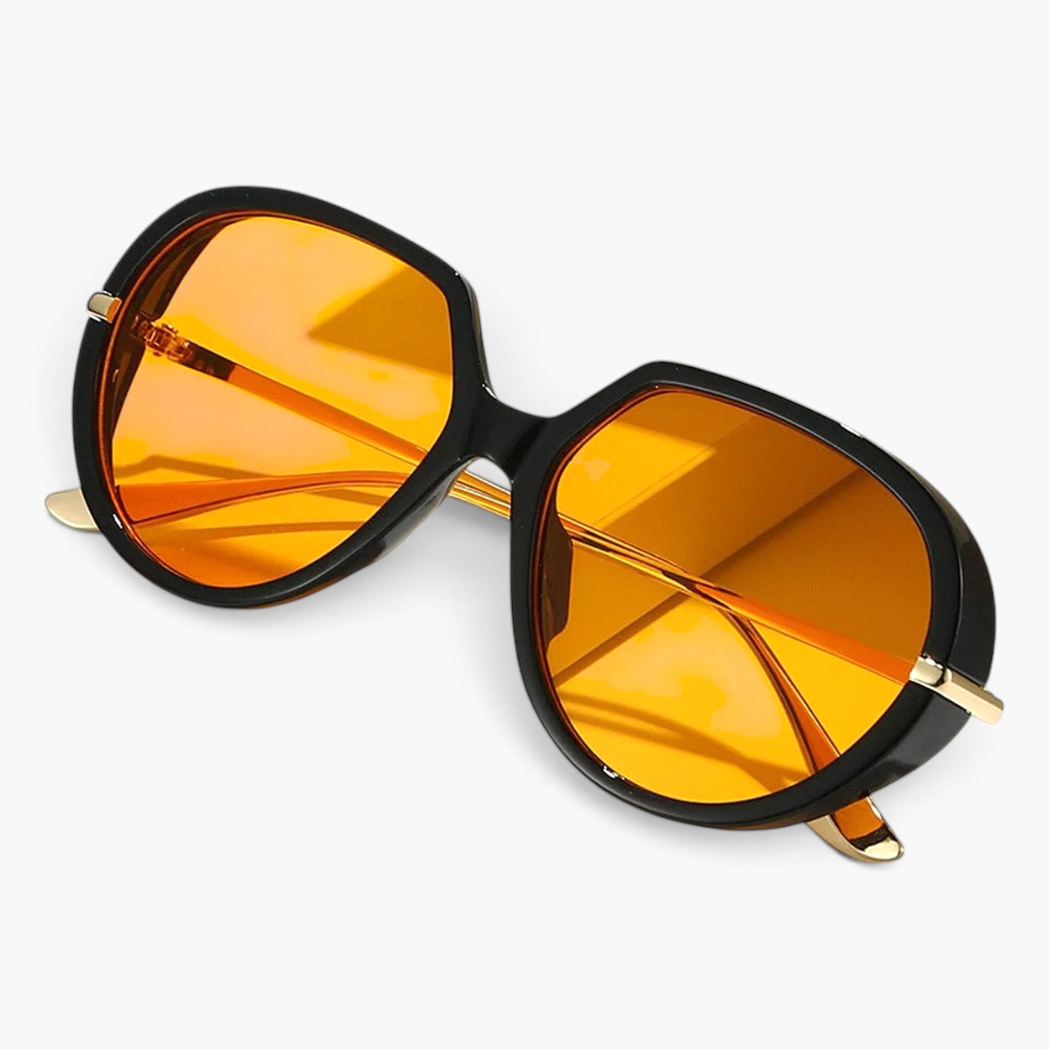 Beach Rose Co. oversized butterfly sunglasses with black frames, orange tinted lenses, and slim gold metal temples.