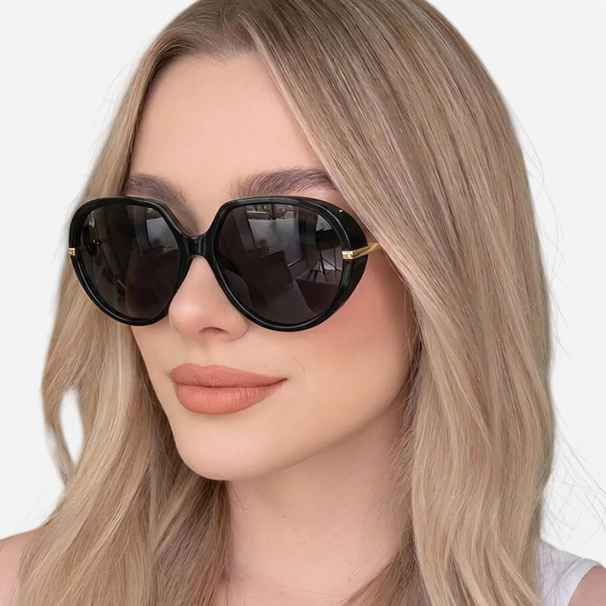Beach Rose Co. oversized black butterfly sunglasses with slim gold metal temples worn by a blonde woman
