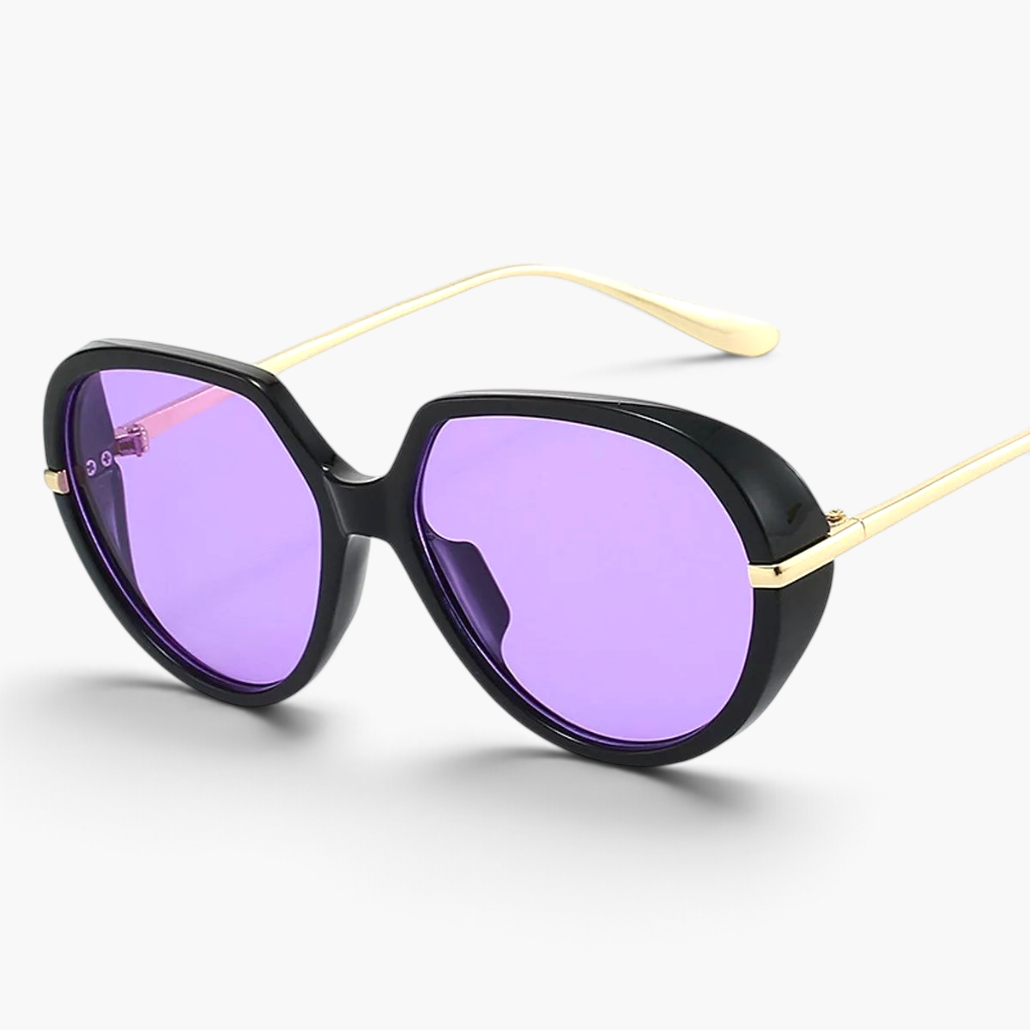 Beach Rose Co. oversized butterfly sunglasses with black frames, purple lenses, and slim gold metal temples.