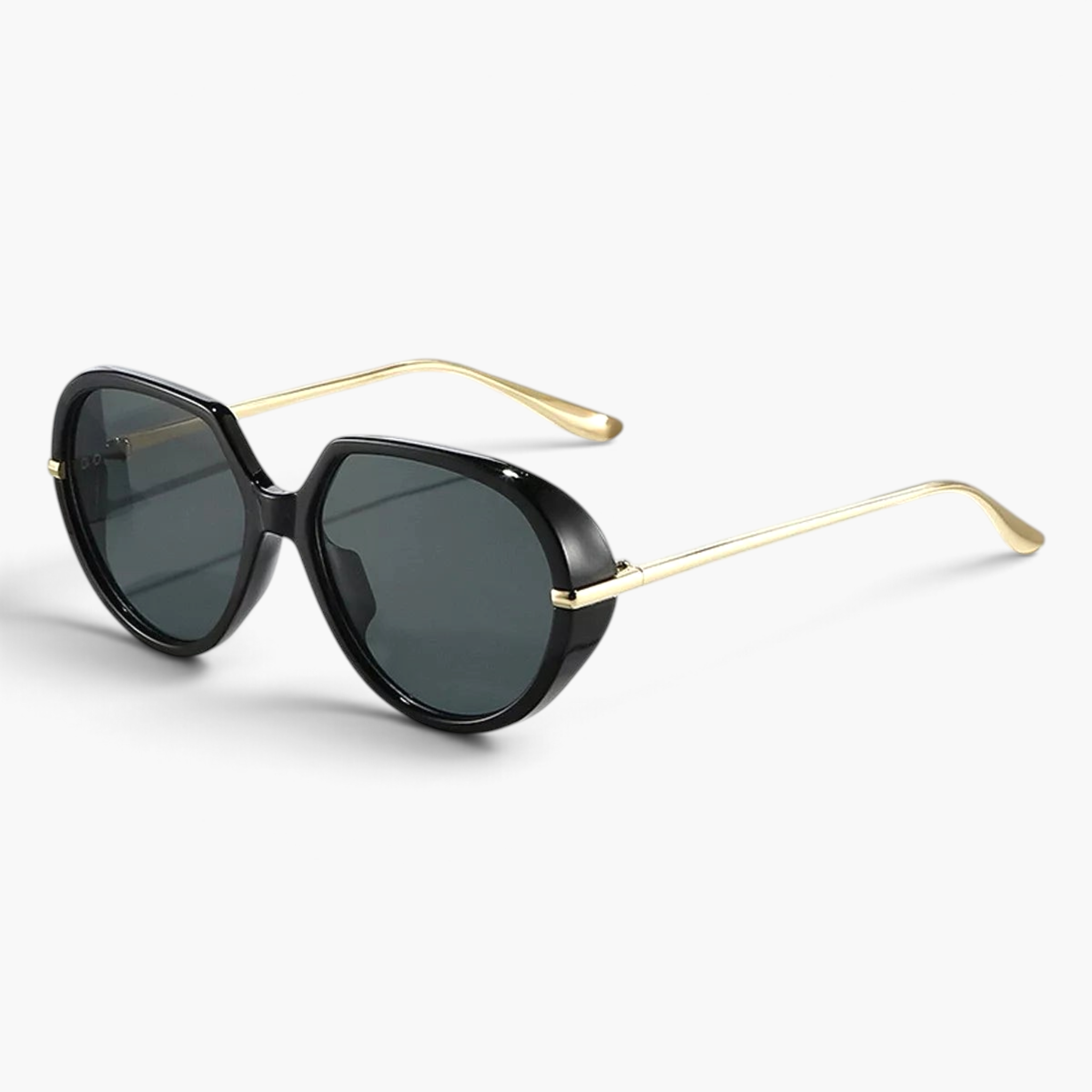 Beach Rose Co. oversized black butterfly sunglasses with slim gold metal temples and dark UV400 lenses.
