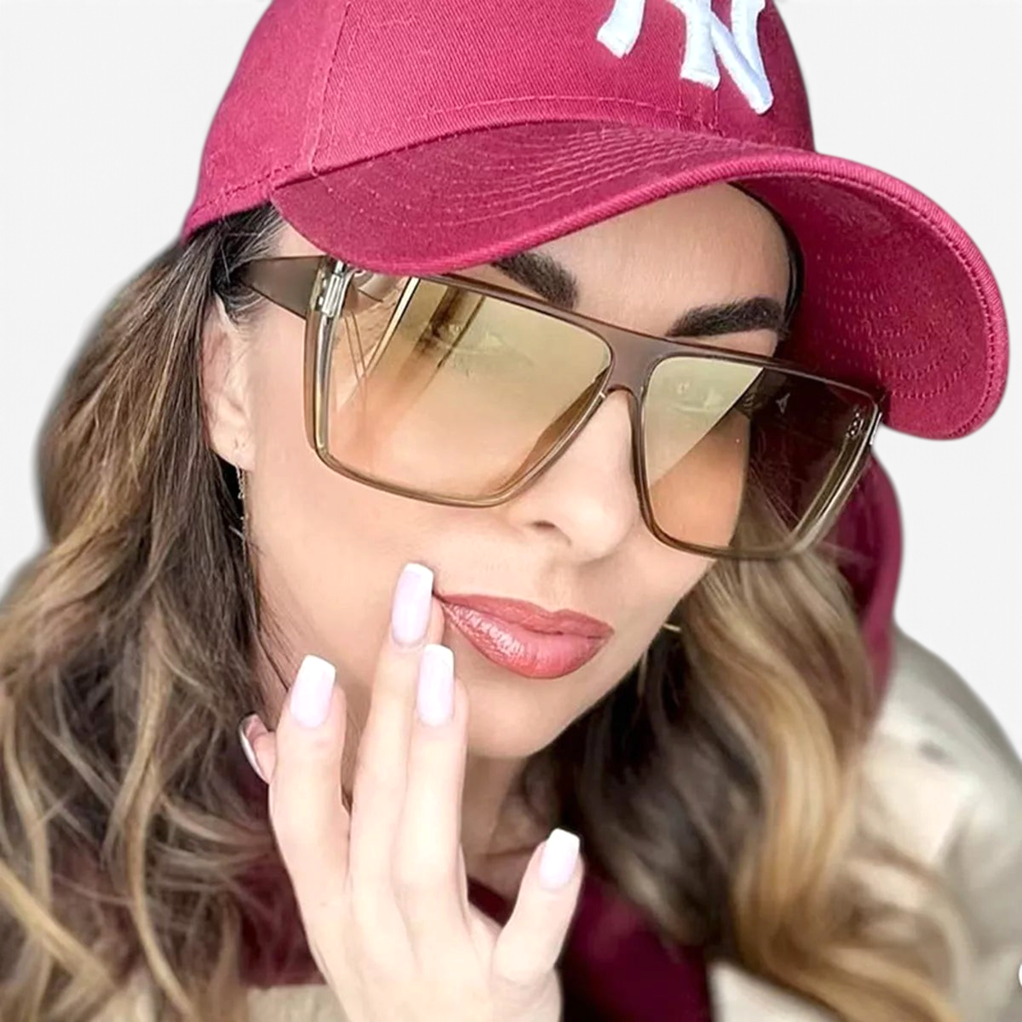 Beach Rose Co. oversized square sunglasses with a flat-top browline and gradient lenses worn by a woman in a cap.