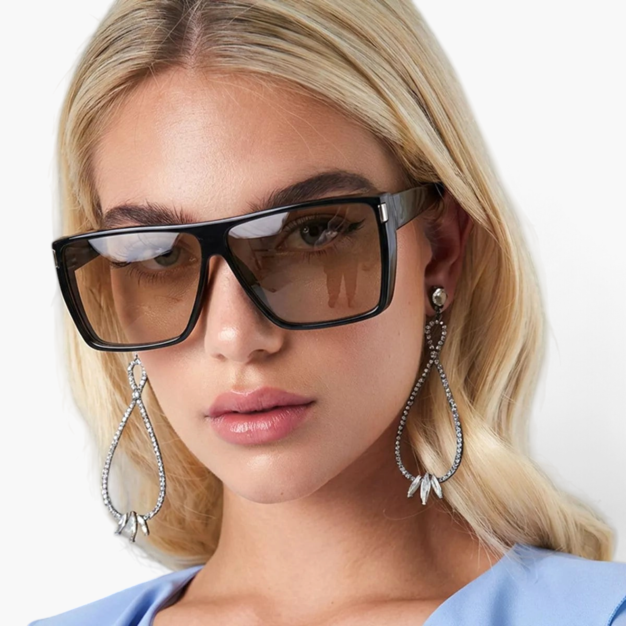 Beach Rose Co. oversized flat-top square sunglasses with black frames and gradient lenses on a blonde model.