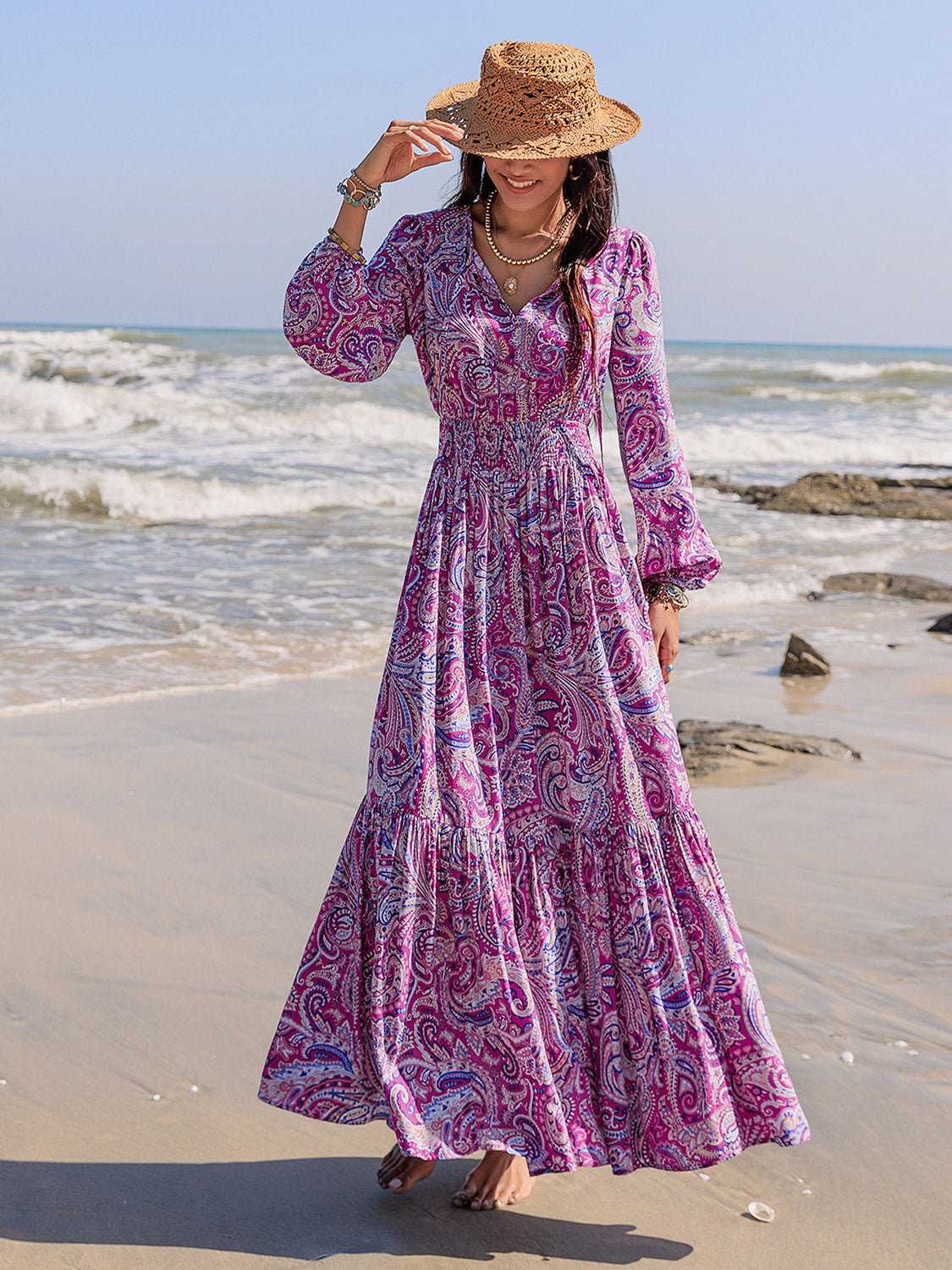 Beach Rose Co. - Paisley Print Tie Neck Balloon Sleeve Maxi Dress in Heliotrope Purple