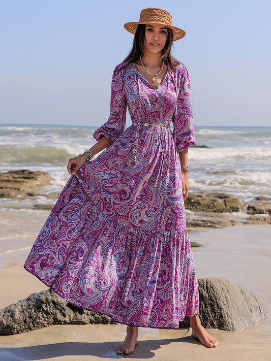 Beach Rose Co. - Paisley Print Tie Neck Balloon Sleeve Maxi Dress in Heliotrope Purple