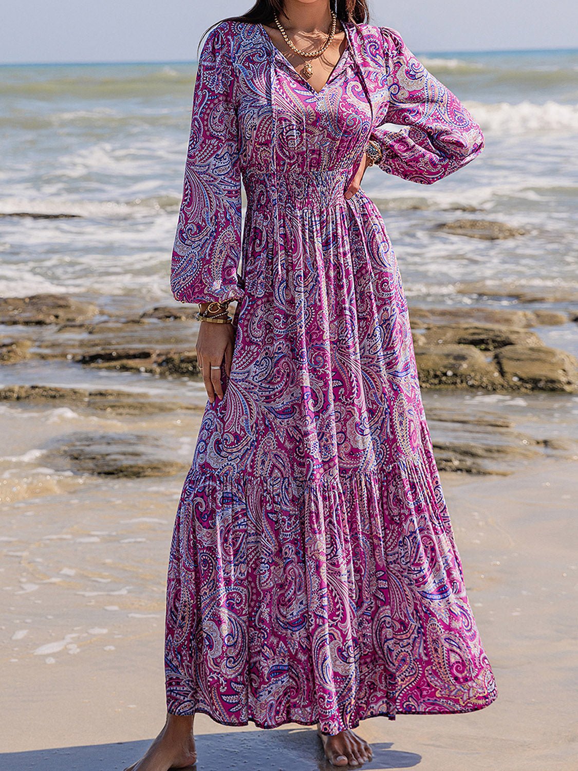 Beach Rose Co. - Paisley Print Tie Neck Balloon Sleeve Maxi Dress in Heliotrope Purple