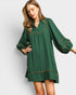 Beach Rose Co. palm green mini dress with balloon sleeves, split neckline, and leopard-print trim details.