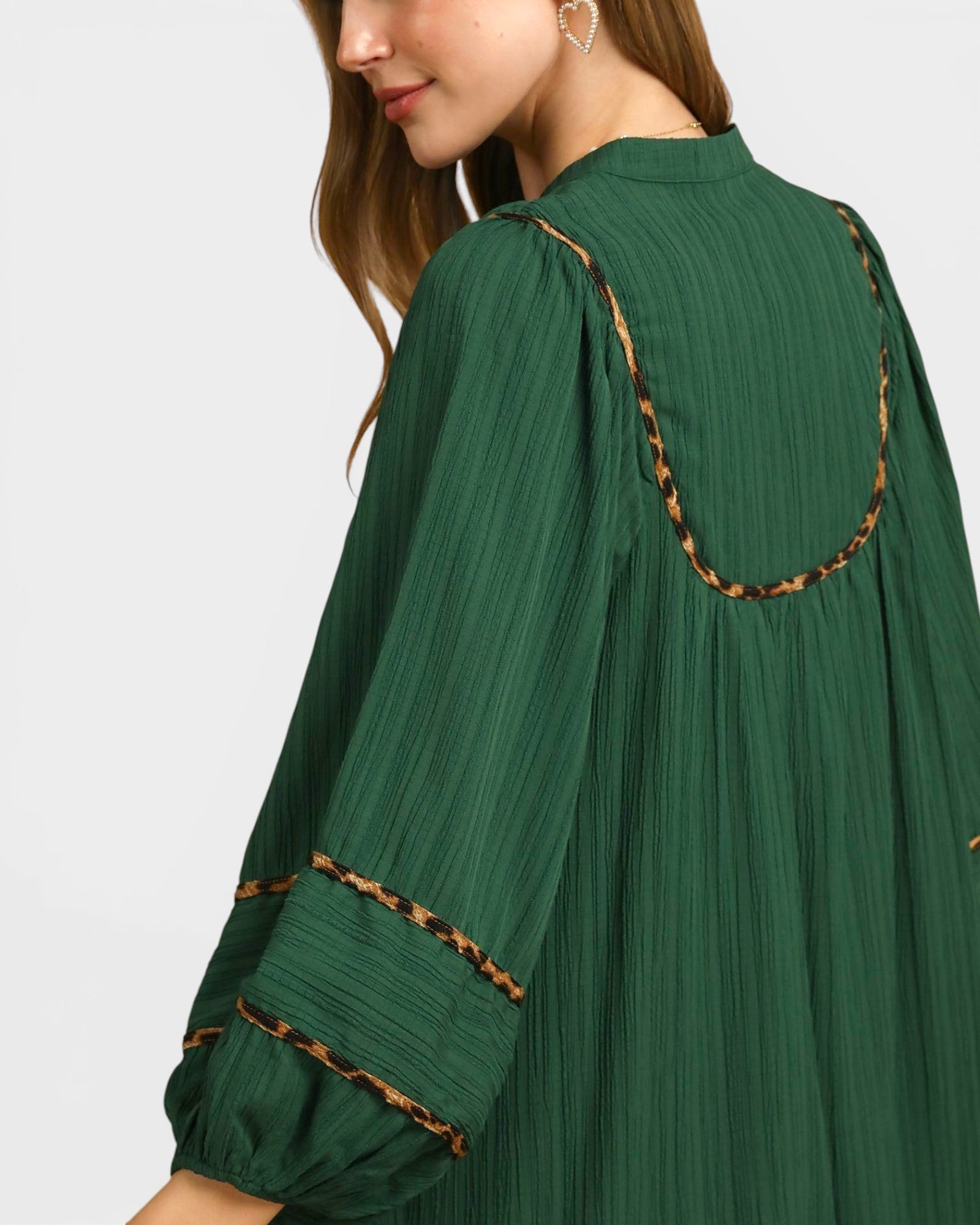 Beach Rose Co. palm green dress with balloon sleeves and leopard-print trim detail on shoulders and cuffs