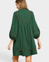 Beach Rose Co. palm green dress with balloon sleeves and leopard-print trim, back view on a model.