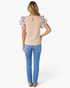 Beach Rose Co. parchment textured top with floral ruffle sleeves and back keyhole closure, back view on a model.