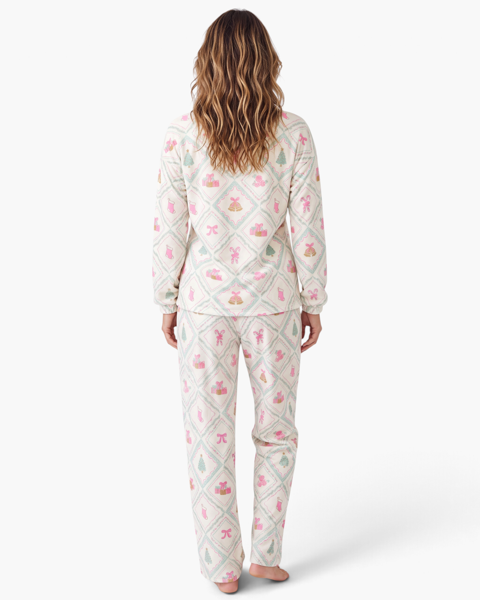 Beach Rose Co. women's two-piece pajama set with pastel Christmas diamond print on cream polyester fabric, back view.
