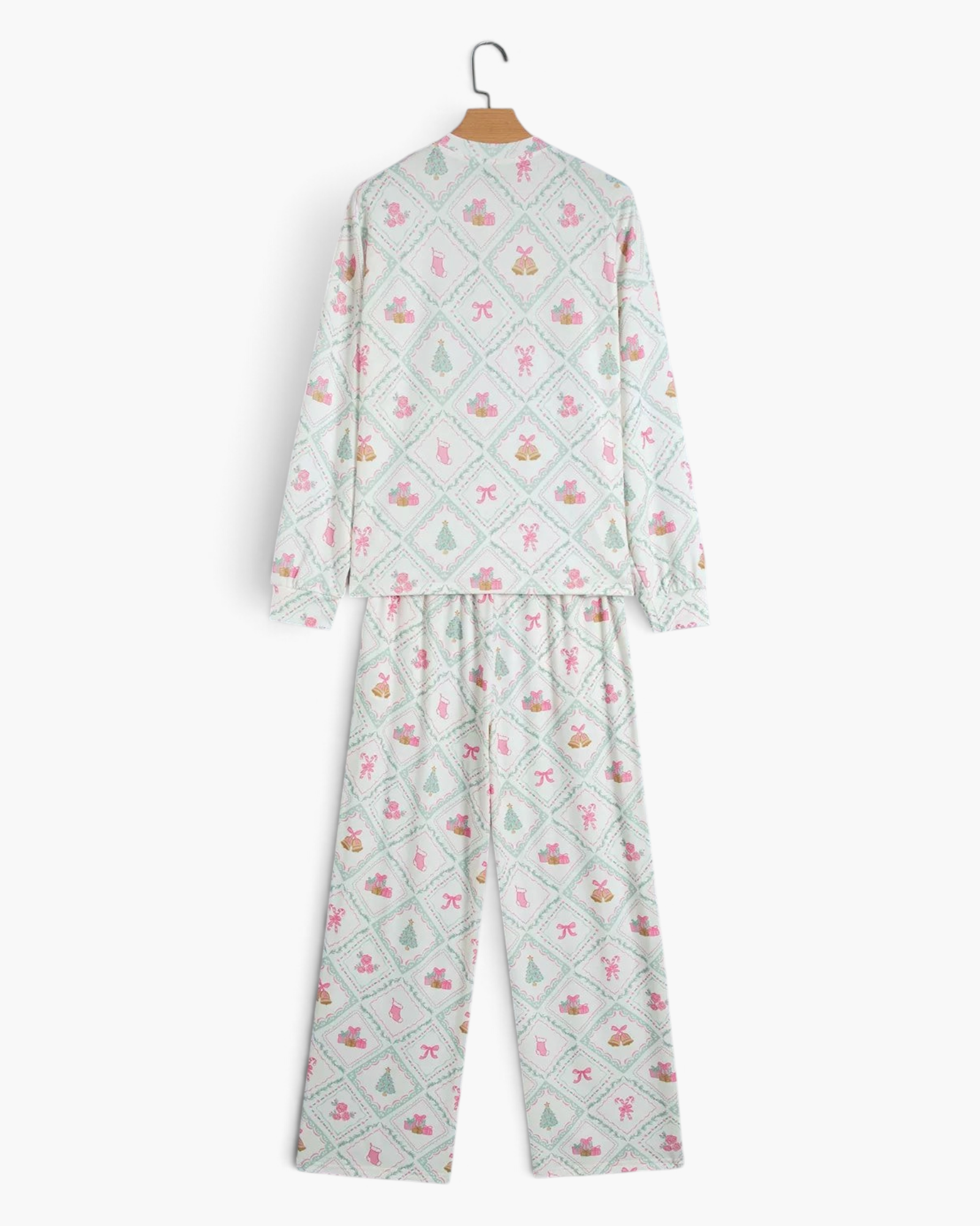 Beach Rose Co. two-piece pajama set in cream with a pastel Christmas diamond print, long sleeves, and straight pants.