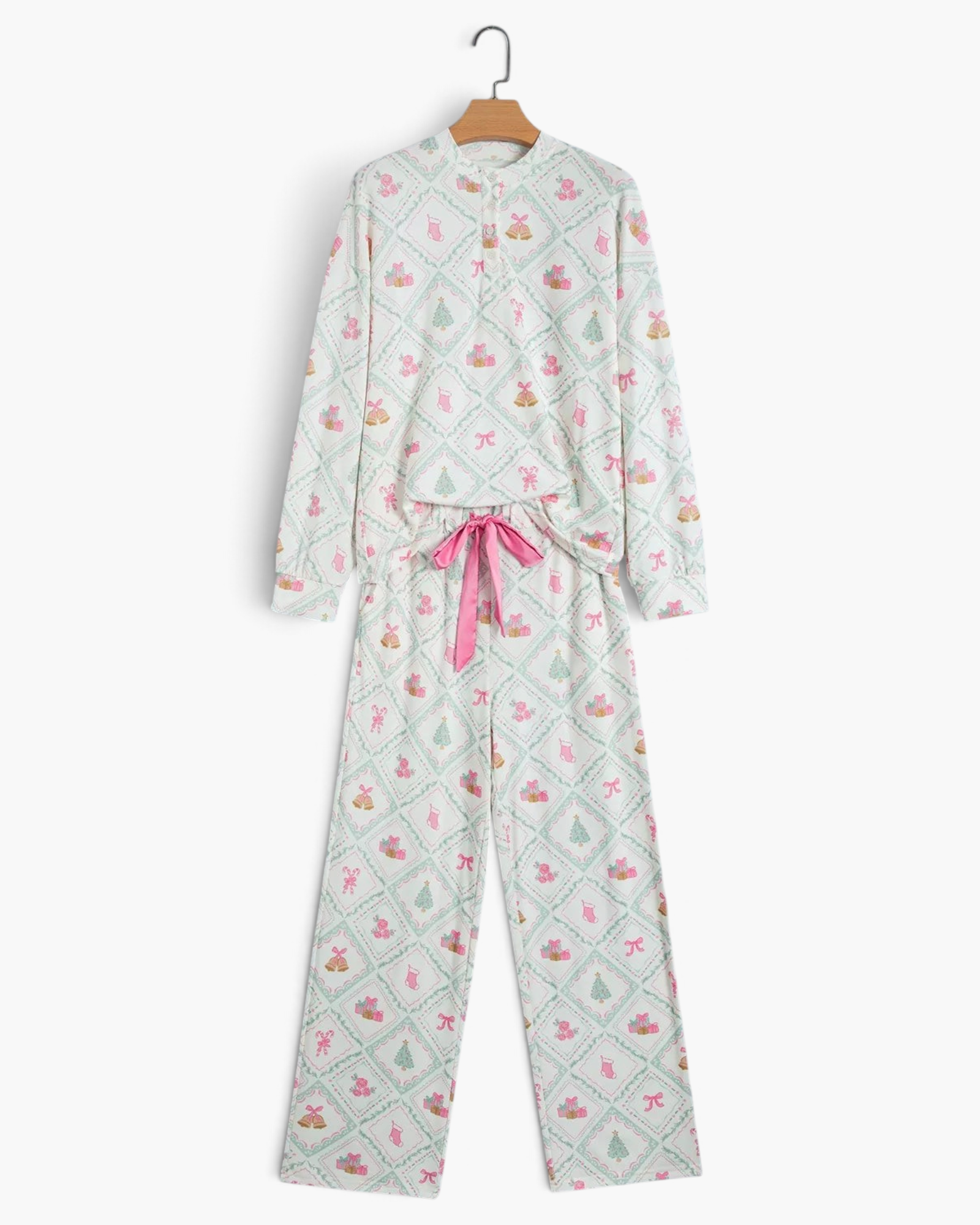 Beach Rose Co. two-piece pajama set in cream with pastel Christmas diamond print, Henley top, and pink ribbon tie.