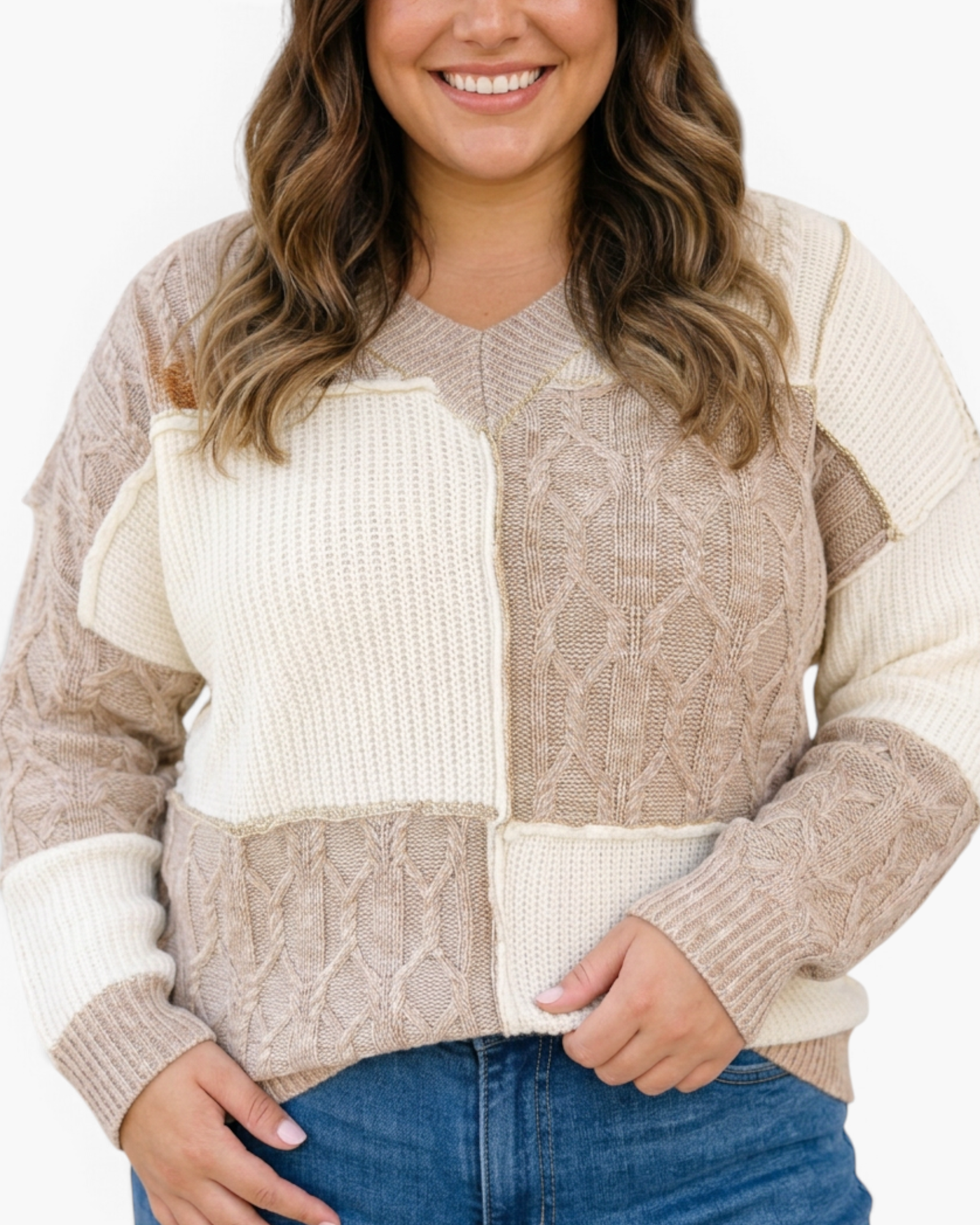 Beach Rose Co. plus size cream and taupe patchwork V-neck sweater featuring cable and ribbed knit textures.